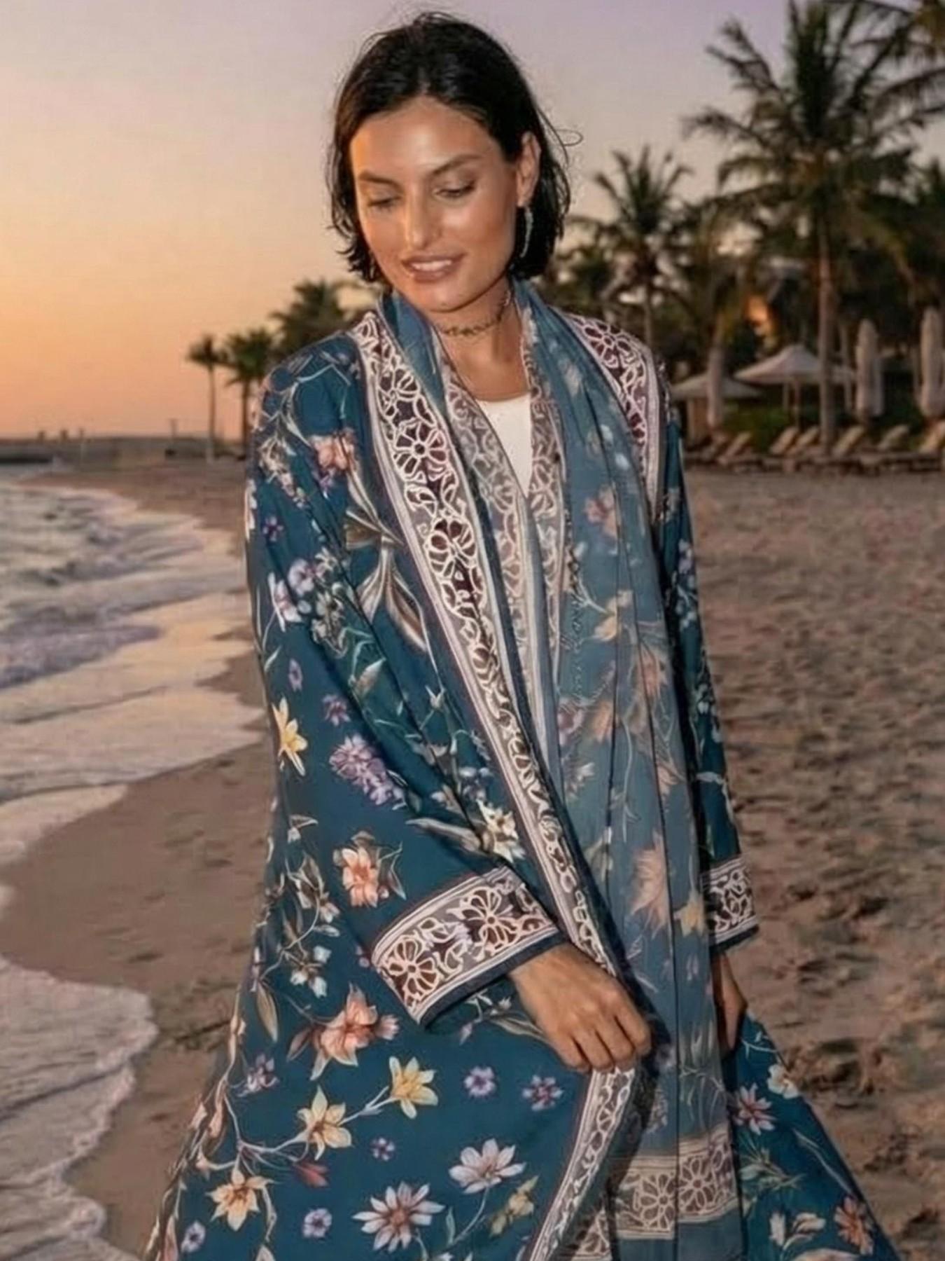 Elegant Floral Print Abaya Open Front Cardigan Long Robe Set, Party Festival Beach Wear with Headscarf, Two-Piece Fashionable Loungewear, Abaya Dress Set
