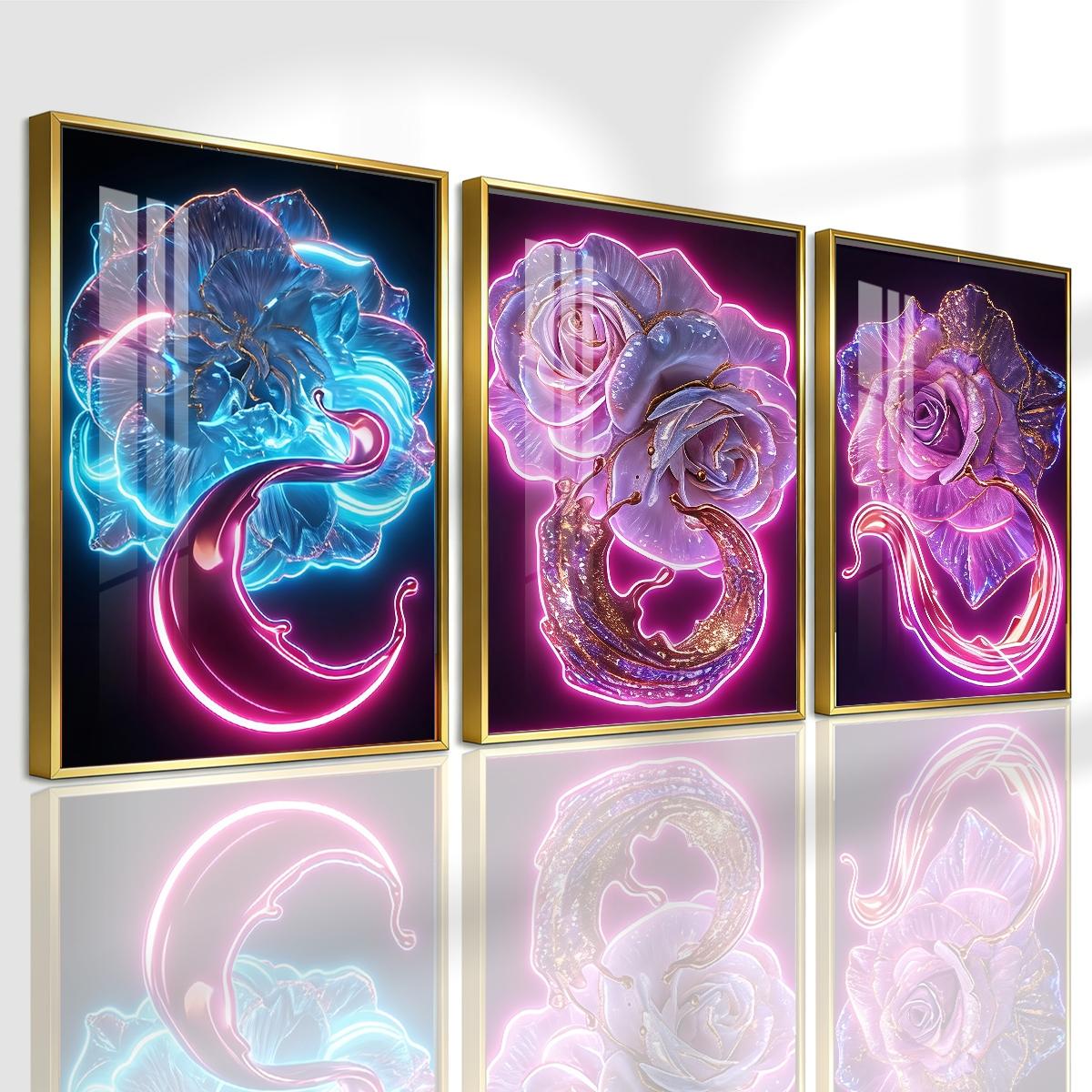 3 Counts Aluminum Alloy Framed Painting, Neon Glowing Roses And Petals Pictures, Home Decoration For Living Room, Bedroom, Office, Restaurant, Hallway Wall Decor, Odorless Print Artwork, Luxury Perfect Gift For Friends And Family
