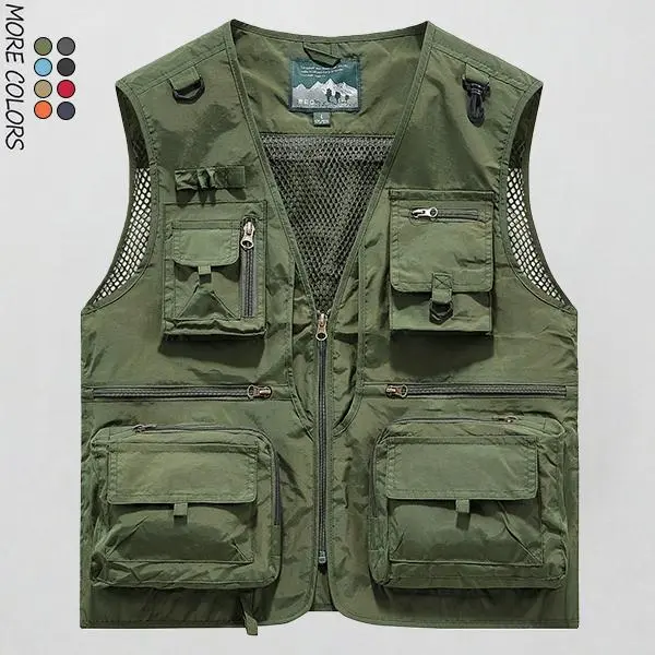 Men's solid color multi-pocket zip vest, casual streetwear, fishing, hollow V-neck tank jacket, suitable for year-round wear, men's everyday clothing.