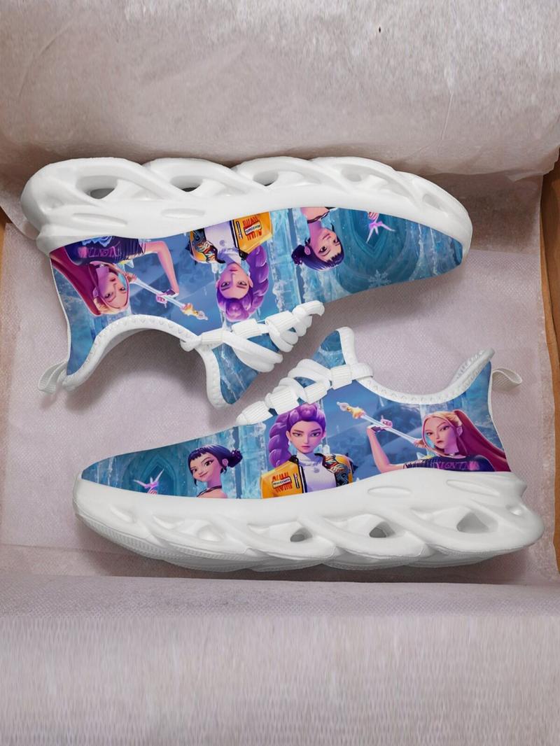 K-Pop Hunter Girl Pattern Kids Shoes, Breathable Mesh Lace-Up Low Top Eva Sole, Durable Fashion Casual Sporty Children Sneakers