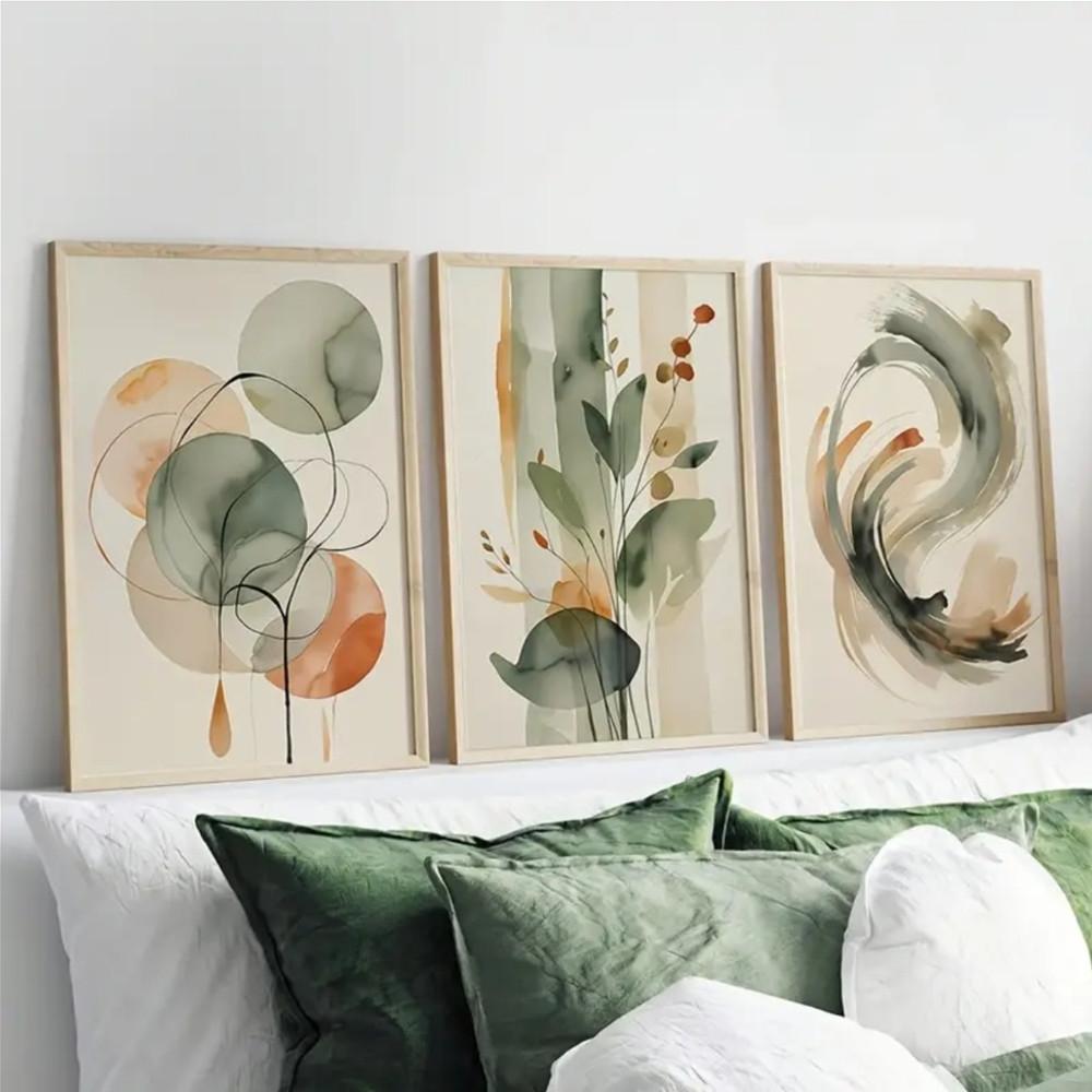 3-Piece Optional Wooden Frame Beige Sage Green Abstract Watercolor Plant Geometric Art Poster High Grammage Moisture-proof Tear-resistant Canvas Color Print High Color Accuracy Non-deformation Modern Minimalist Living Room Bedroom Wall Decor