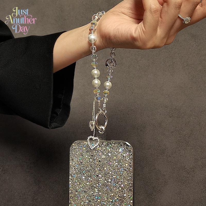 Luxury Crystal Pearl PVC Beaded Phone Lanyard - Rhinestone Heart Wrist Strap, Romantic Glamorous Ethnic Plain Unisex Key Bag Charm Fashion Accessory (Tie Dye, Peppy), Heart Charm, Baroque