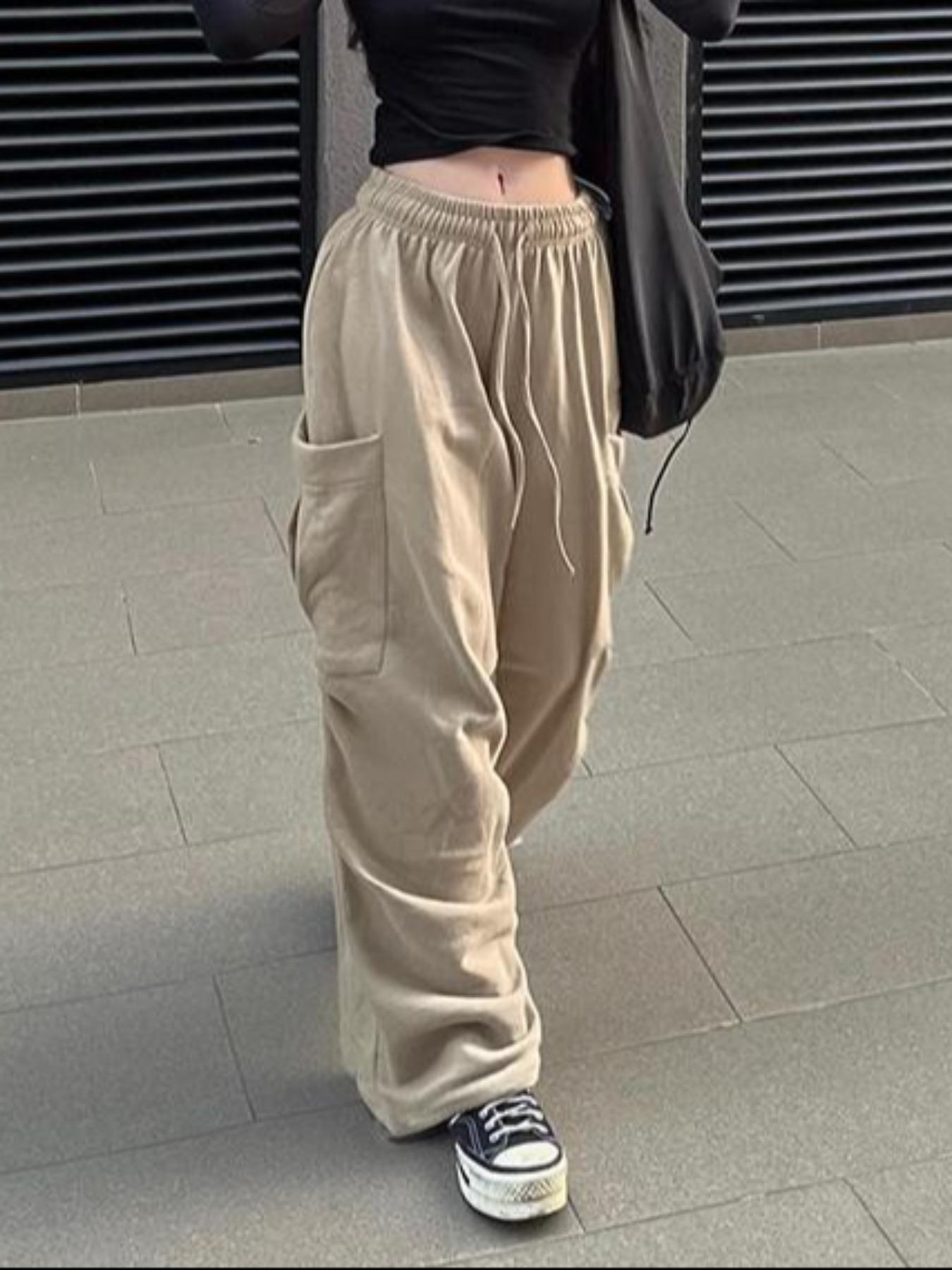 Women's Plain Drawstring Waist Cargo Pants, Casual Pocket Wide Leg Trousers for Daily Wear, Ladies Bottoms for All Seasons