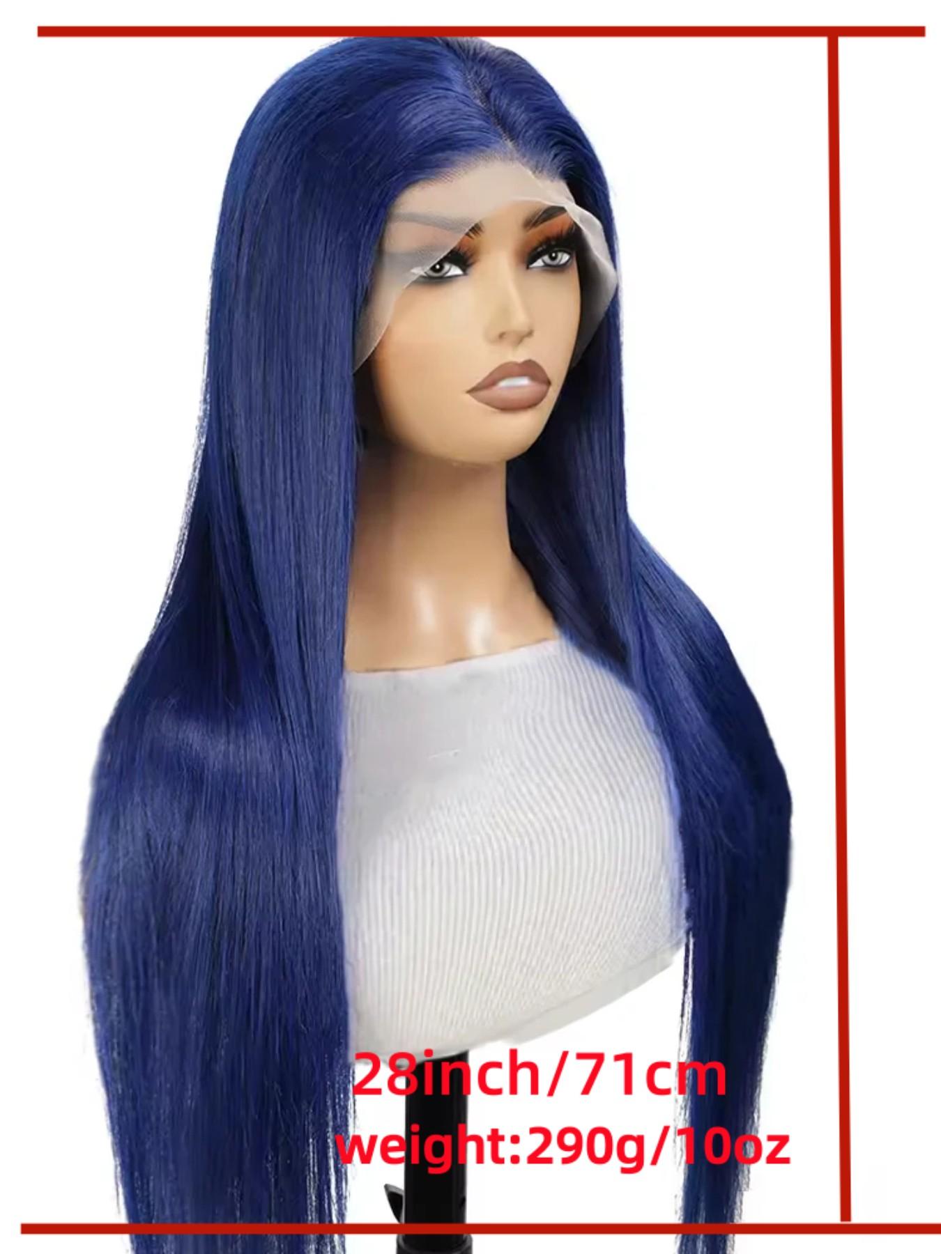 28-Inch Deep Blue Straight Wig for Women, Soft Lace Front, 180% Density, Pre-Plucked, No Glue, Heat Resistant, All Seasons