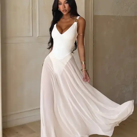 Women's Plain Deep V Neck Tulle Cami Dress, Elegant Chic Sleeveless Maxi Dress for Party Holiday Wedding Guest, Ladies Clothes, Brunch Dresses