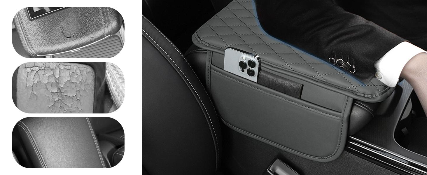 JOKG Upgraded Car Center Console Cover,Microfiber Leather Car Armrest Cover Cushion with 2 Storage Bags,Universal Car Armrest Storage Box (Black)