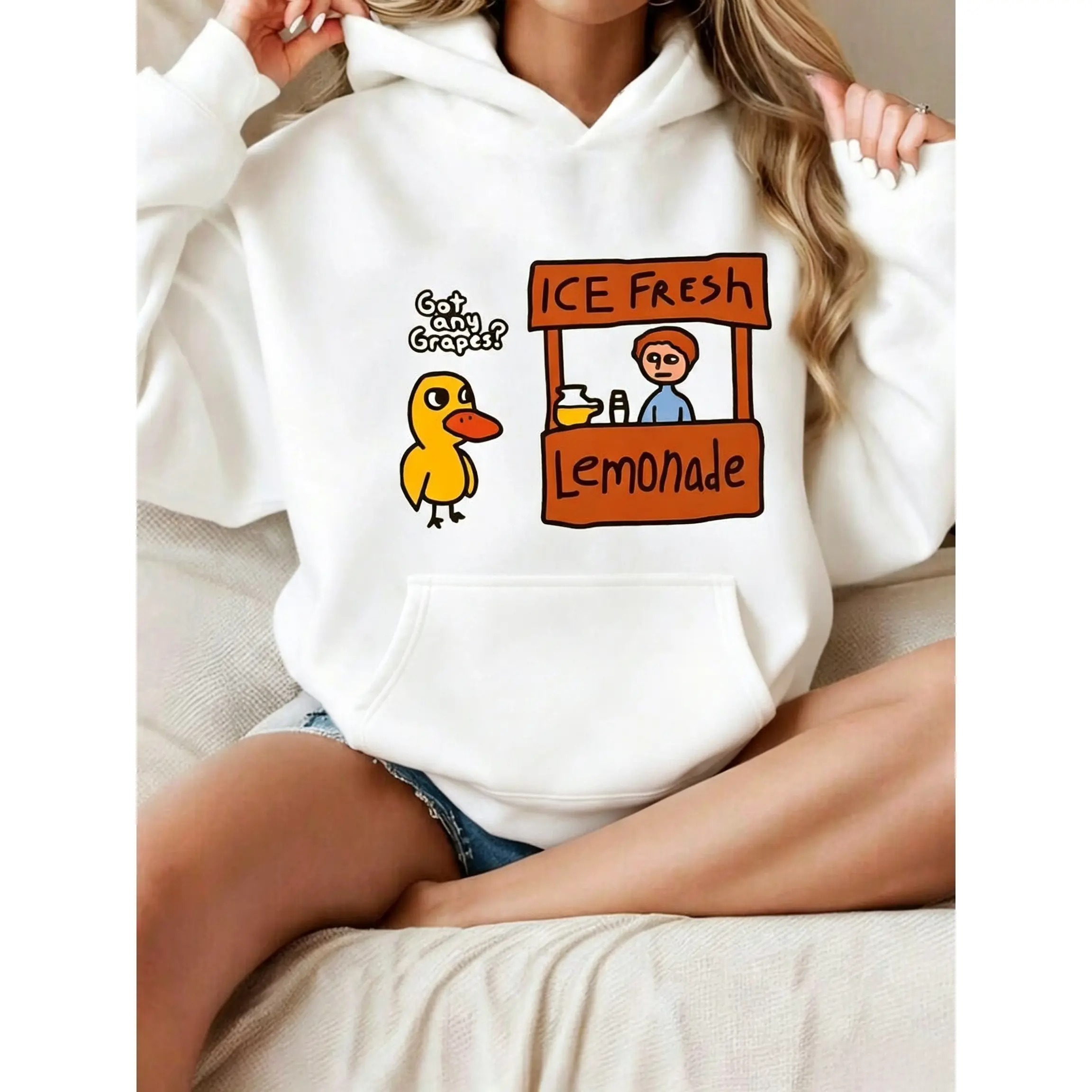 Funny Got Any Grapes Duck Hoodie, Viral Meme Lemonade Stand Graphic 100% Cotton Pullover with Kangaroo Pocket