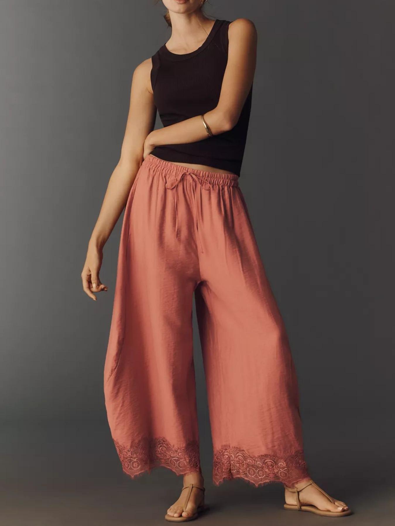 Women's Casual Pocket Elastic Waist Long Pants, Lace Patchwork Bottoms, Asymmetrical Hem, Summer Loose Wide-Leg Pants, Womenswear Women's Casual Pocket Elastic Waist Long Pants, Lace Patchwork Bottoms, Asymmetrical Hem, Summer Loose Wide-Leg Pants, Womenswear