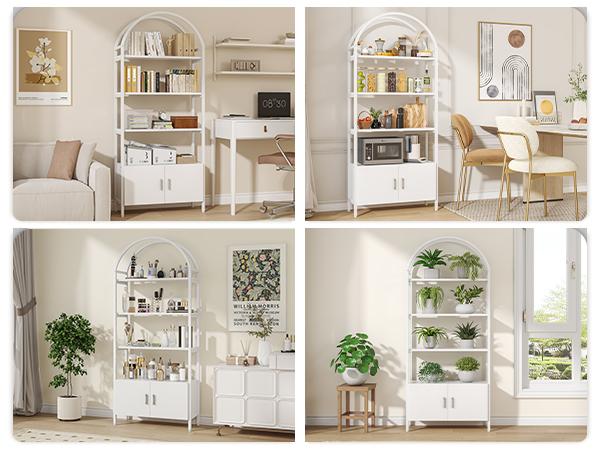 Bookshelf Industrial Chic Arched Bookcase with Doors | 180cm Tall, Durable Metal Frame & Board Construction | Versatile Free Standing Display Cabinet for Living Room or Office