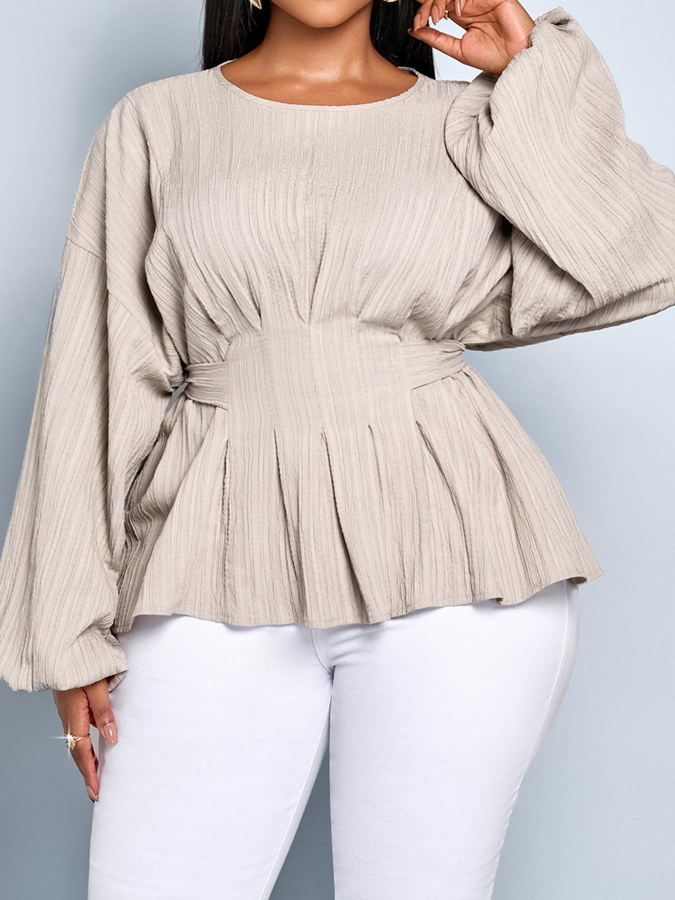 Women's Casual Long Sleeve Shirt Top, Fall & Winter Fitted Plain Bow Design, Large Size Round Neck Back Tie Knot Blouse