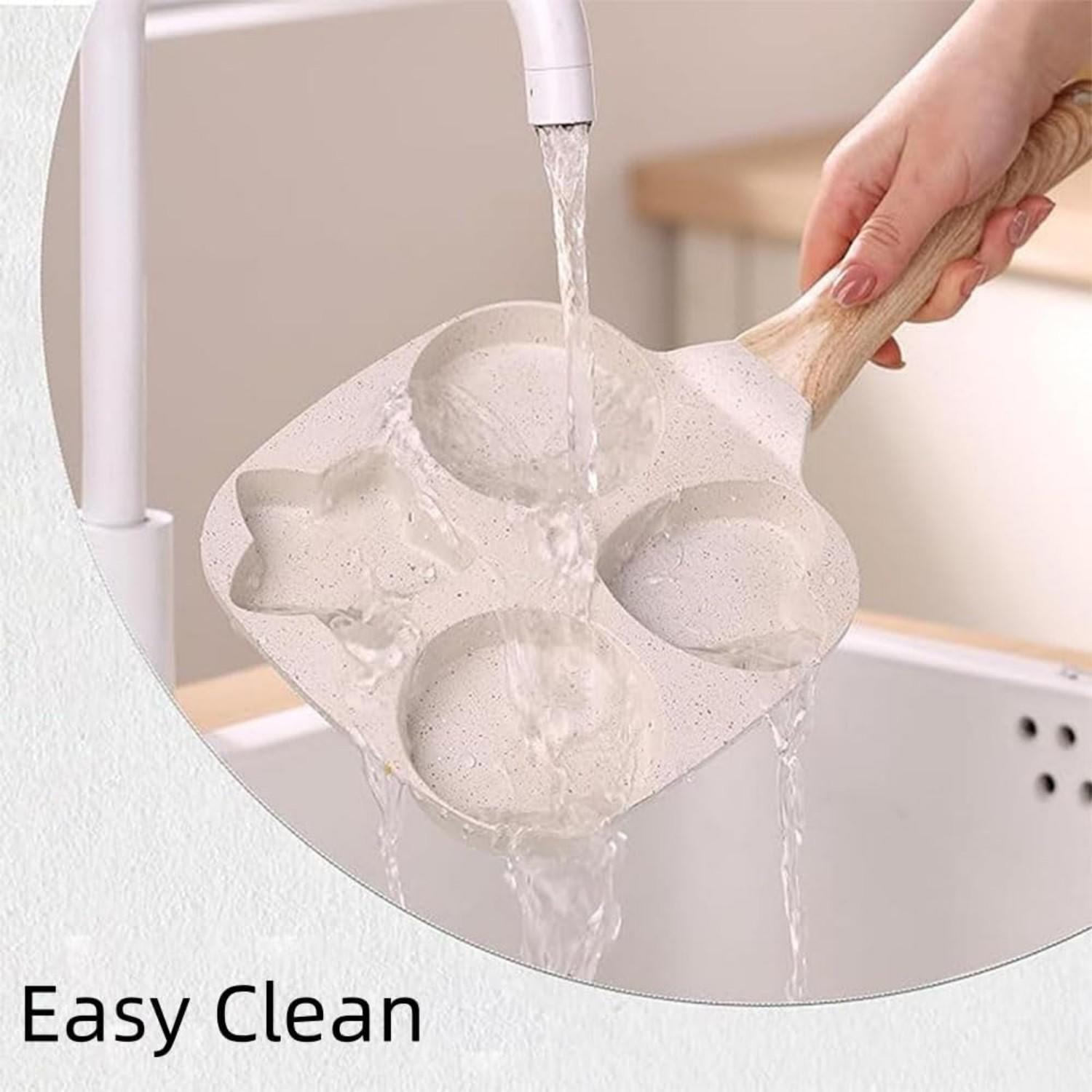 Non-stick egg frying pan, 4-hole Heart-Shaped Pancake Pan with Wooden Handle,Granite-Style Breakfast Skillet, Small Nonstick Pan for Eggs, Omelets, Toast, Pancakes & Crepes, Easy-Clean Multifunctional Kitchen Gadget, Compact Birthday Gift Idea pan