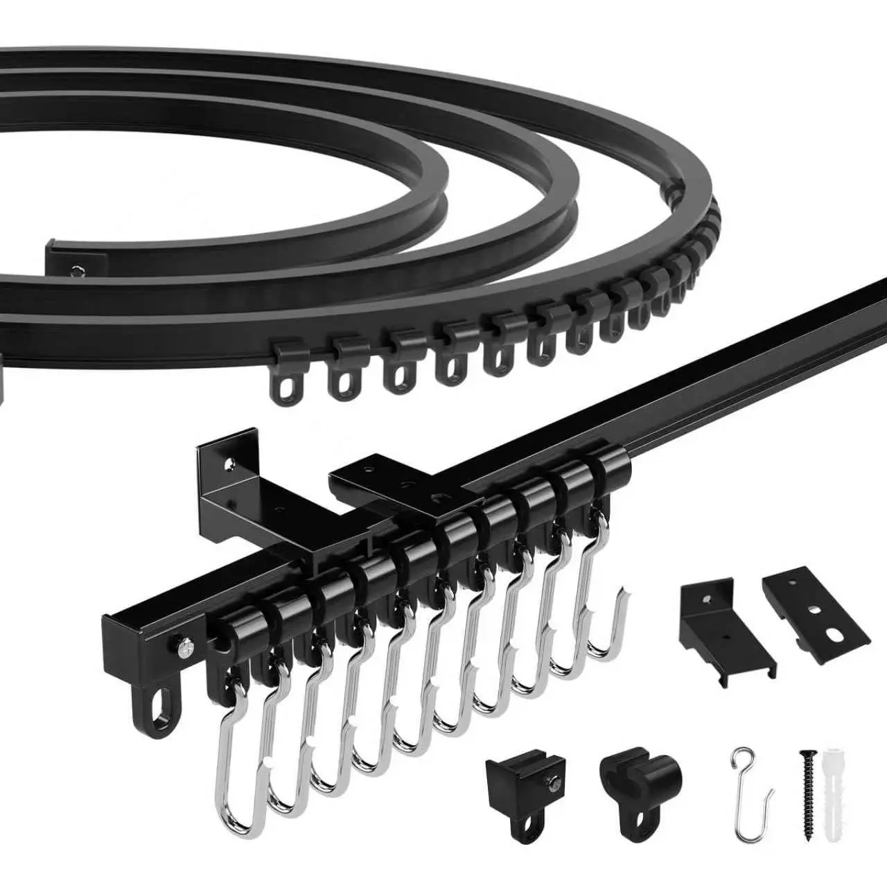Flexible Bendable Ceiling Curtain Track, Complete Installation Kit with Brackets, Gliders, Clips for Room Dividers,RV Ceiling Curtain Track, Black, 9.84ft (3m)