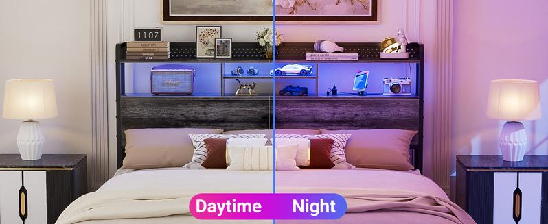 Homieasy  Headboard for King Size Bed with Storage Shelf, Head board with 3 Outlets and 2 USB Ports, Headboards with RGB LED Light, Height Adjustable, Sturdy and Stable, Easy Assembly, Black Oak