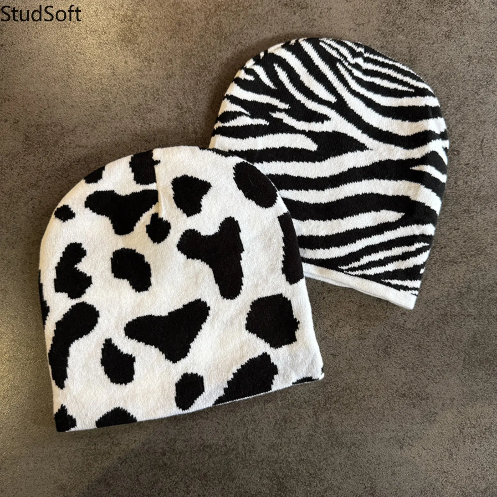 Trendy Cow Print Beanie Hat Zebra Stripe Knit Skullcap Vintage Y2K Aesthetic Streetwear Warm Winter Caps for Men Women
