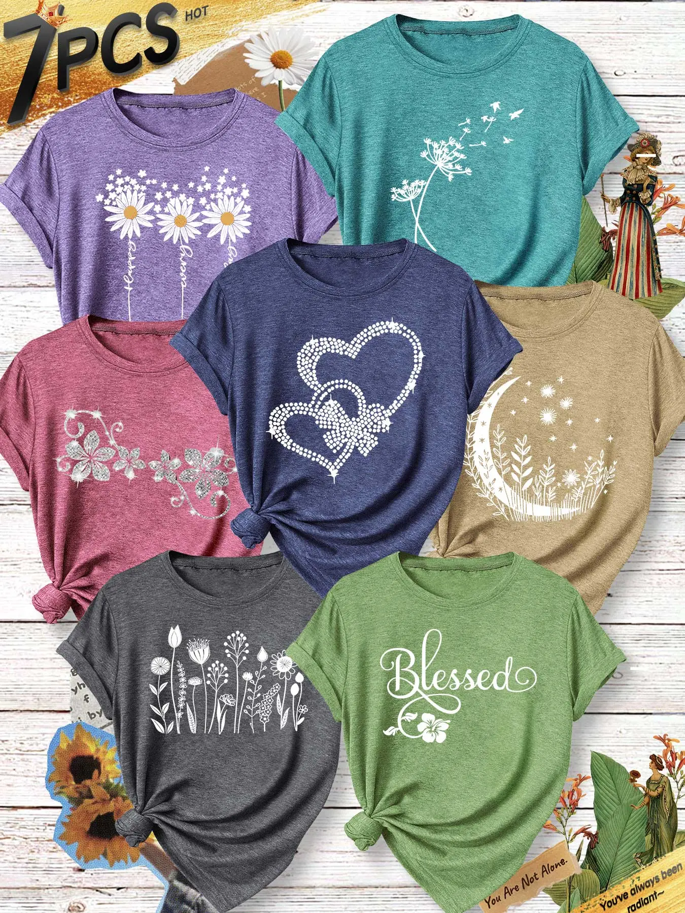 7Pcs Women Daisy Print Crew Neck T-Shirts, Multi Colors, Spring Summer Tops, Soft Skin-Friendly Fabric, Machine Washable, Daily Use, Fresh Daisy Stylish Design Short Sleeve