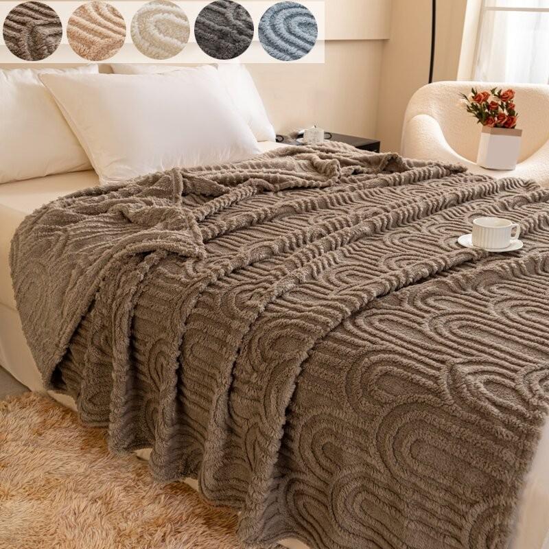 Ruffled Edge Plush Blanket with Embossed Design, King/queen Size, Available in Multiple Colors for Bedroom, Living Room, Office or Camping