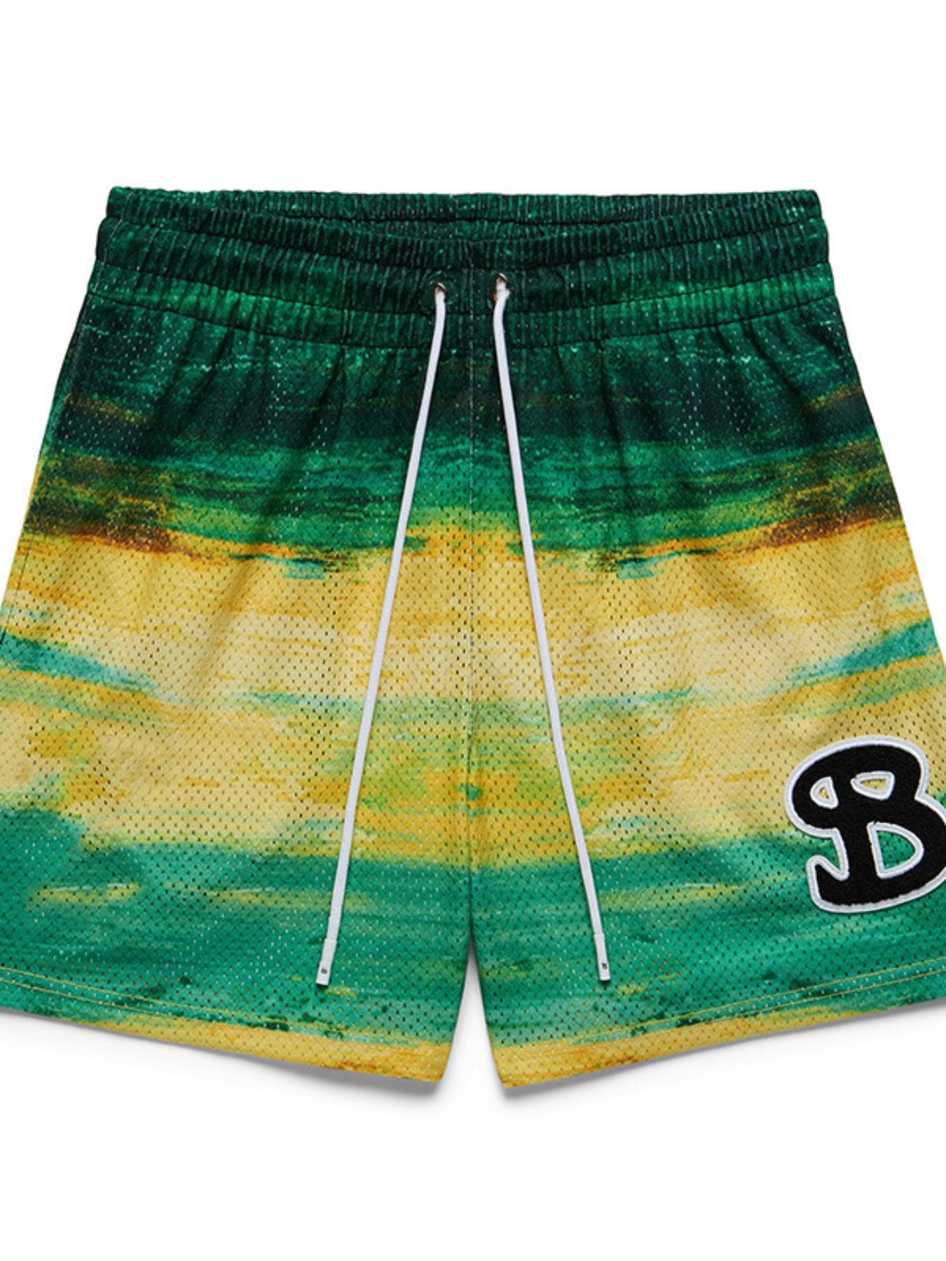 American Style Bktsqd Oil Painting Mesh Breathable Quick-Dry Four-Quarter High-Quality Gym Shorts for Men, Summer Fashion