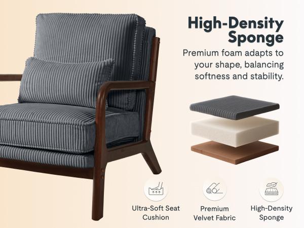 【Valentine Day Sale】FLEXISPOT AC1 Mid-Century Modern Accent Chairs, Corduroy Upholstered Armchairs with Wooden Frame, Thick Backrest & Lumbar Pillow, Comfortable Reading Chairs for Living Room, Bedroom, Balcony, Office