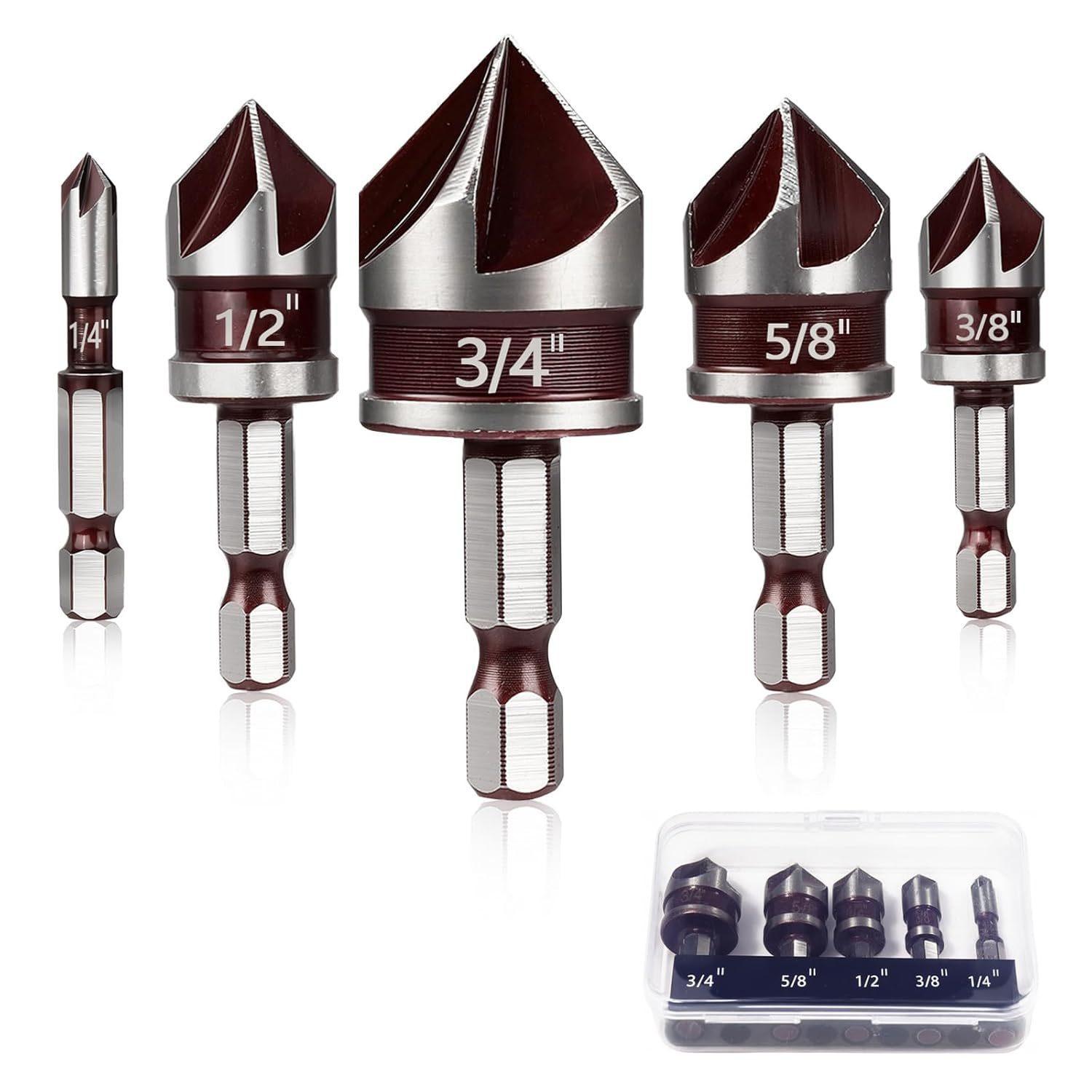 5-Piece HSS Countersink Drill Bit Set (with 1/4", 3/8", 1/2", 5/8", 3/4" hex shanks), 82-degree high-speed steel 5-flute quick-change hex shank, suitable for drilling in metal, plastic, wood, PVC and cement