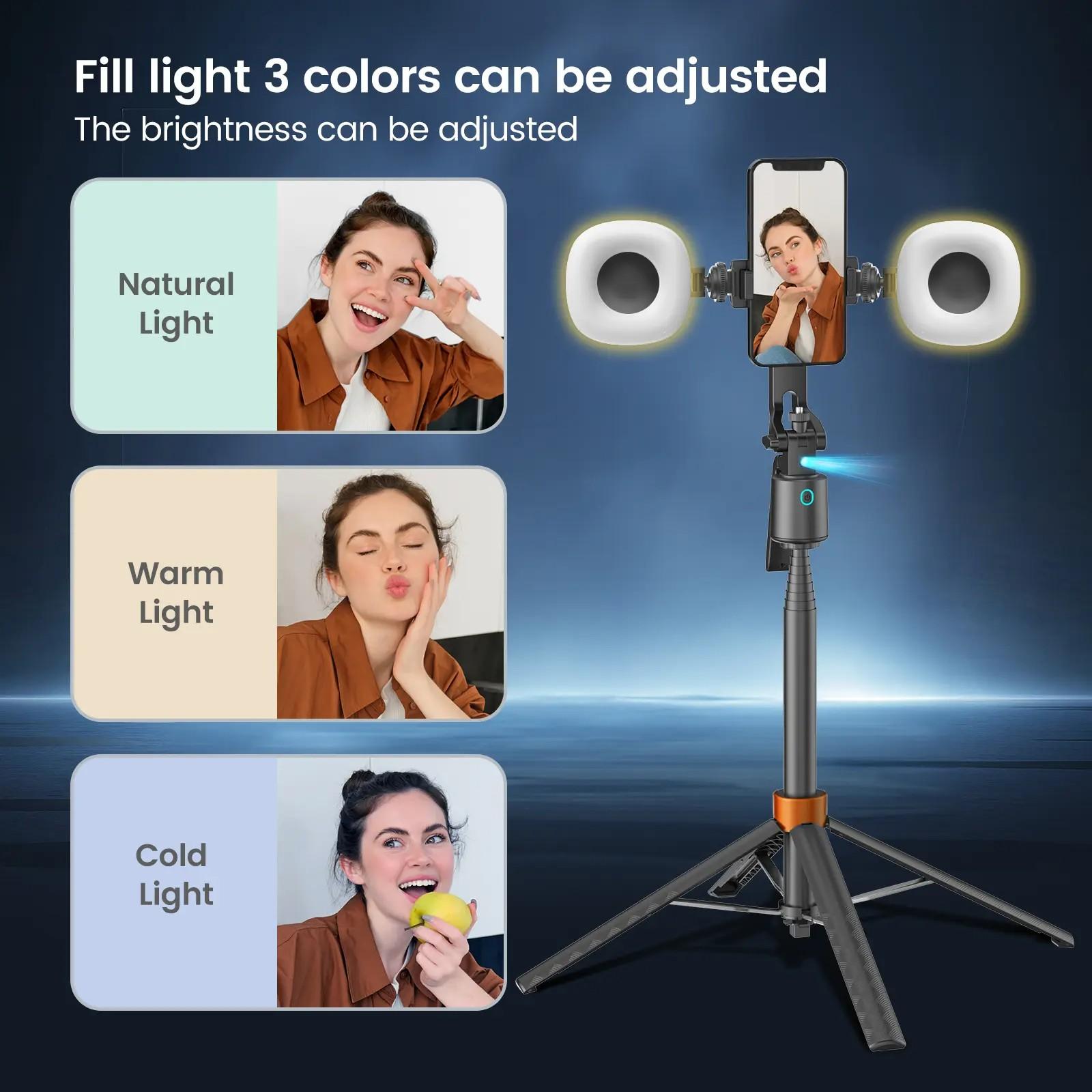 360° Rotatable Selfie Stick Tripod, Live Streaming Tripod with Remote Control, Rechargeable Smart Face Tracking Tripod, 2 LED Lights