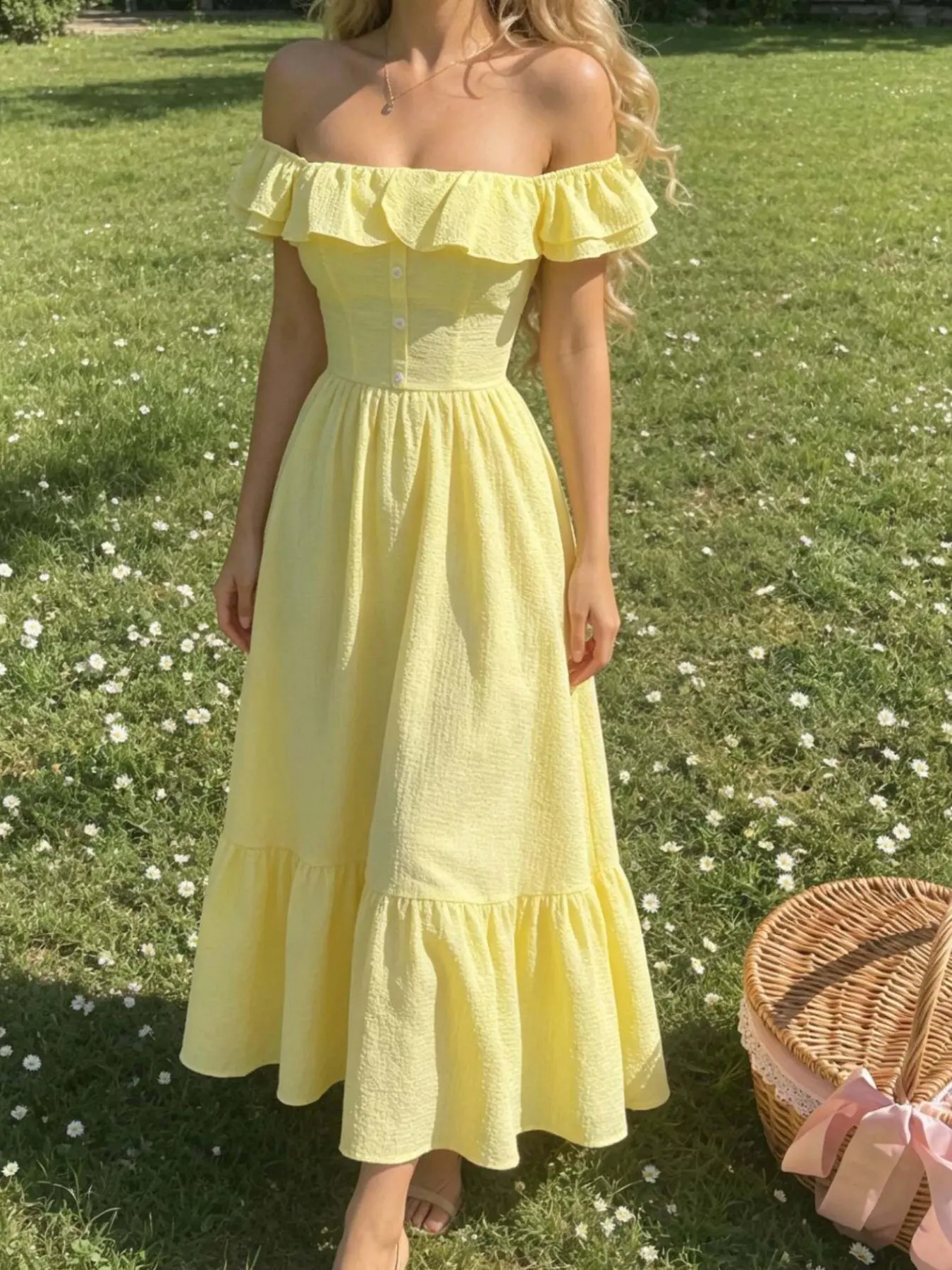Women's One-Shoulder Ruffle Front Button Waist Cinch Patchwork Dress, Sweet Soft Fit, Layered Skirt Design, Perfect for Picnics and Casual Outing