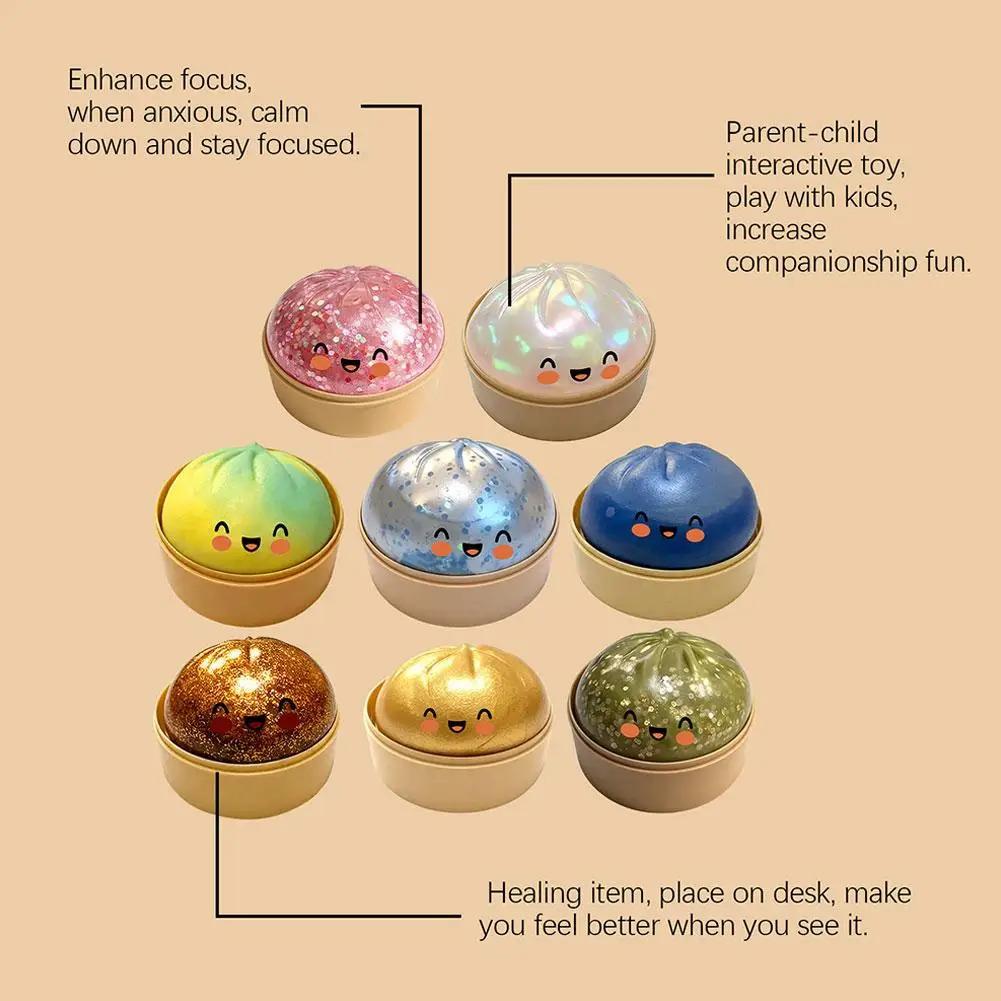 Colorful Dumpling Squishes Stress Balls Fidget Sensory Toys Simulation Food Squishies Bun with Steamer Squeeze Dough Ball Gifts