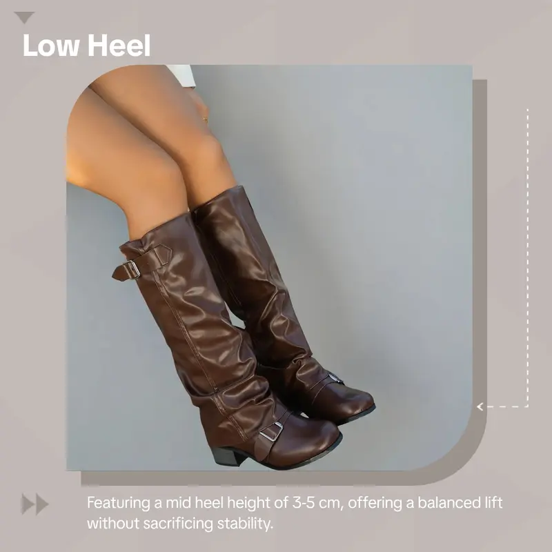 Women's Fashion PU Leather Low Heel Long Boots, Casual Ruched Motorcycle Boots, Western Style Biker Boots, Cowgirl Boot