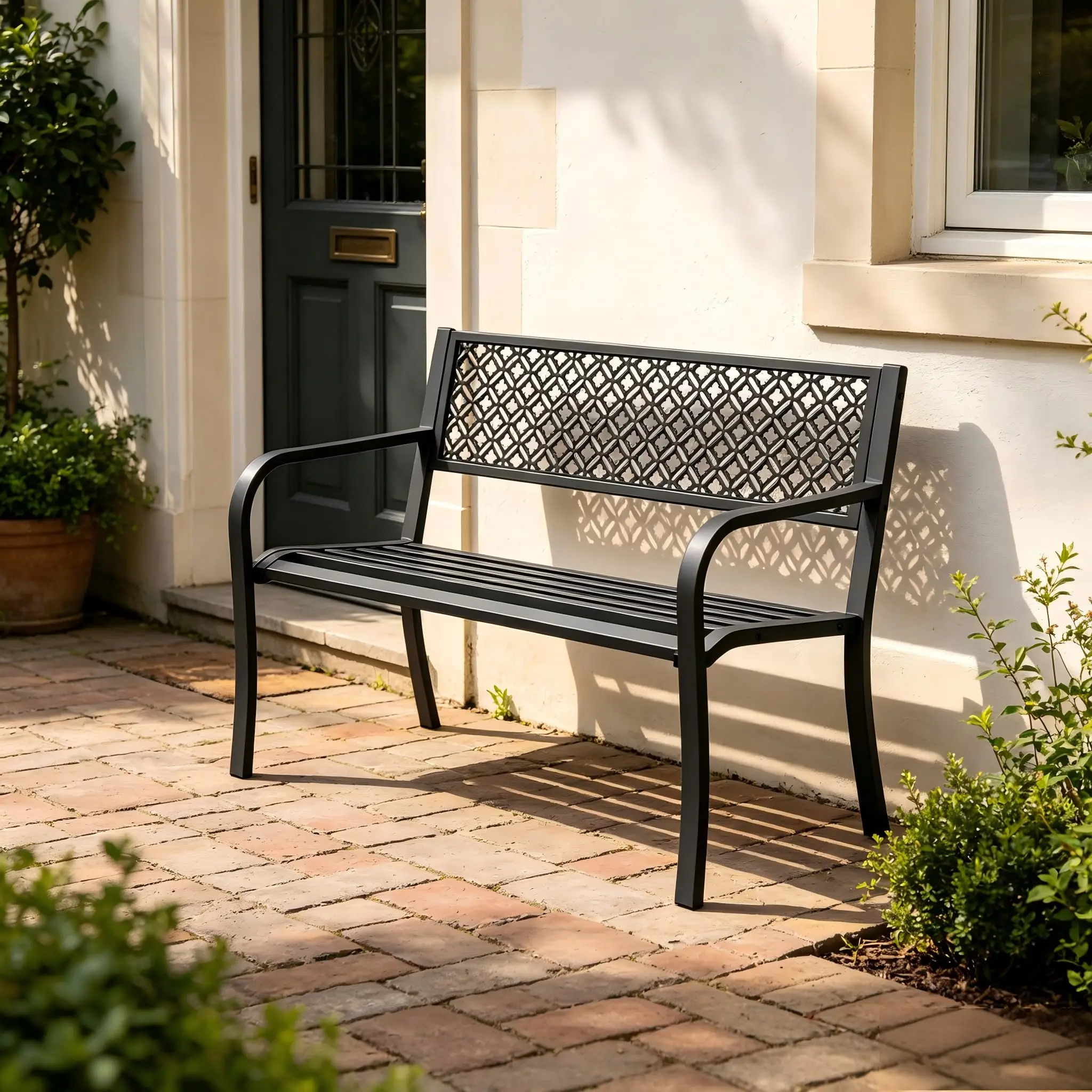 Garvee 50" Heavy Duty Metal Steel Outdoor Bench for 2 Adults with Geometric Backrest and Slatted Seat, Weather-Resistant Patio Garden Chair, 790lb Capacity, Ideal for Yard, Porch, Deck, Entryway