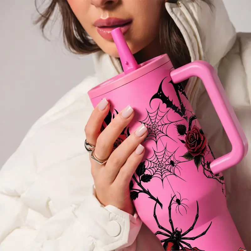 1‑Piece 40oz Insulated Mug, Double Wall Leak‑Proof Large Handle Thermal Cup, Keeps Hot 12 Hours and Cold 24 Hours, Dark Gothic Print Gift for Women and Men, Halloween Holiday, Office Travel Daily Use, Drinkware
