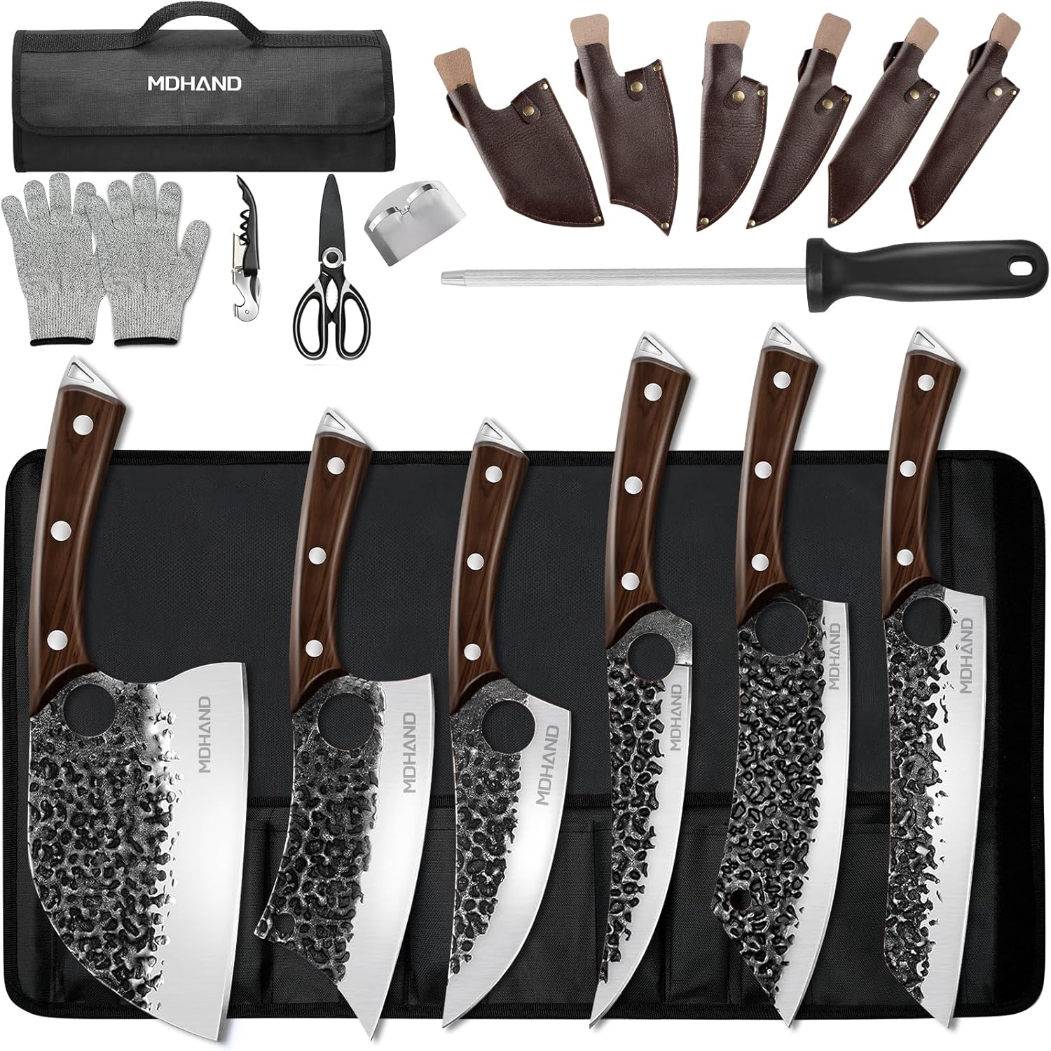 MDHAND Butcher Knife Set, 18Pcs Hand Forged Serbian Chef Knife Set with Bag, High Carbon Steel Full Tang Kitchen Knives Set, Meat Cleaver & Boning Knife for Brisket Trimming BBQ Camping, Gift for Men#fathersdaygift MDHAND Butcher Knife Set, 18Pcs Hand Forged Serbian Chef Knife Set with Bag, High Carbon Steel Full Tang Kitchen Knives Set, Meat Cleaver & Boning Knife for Brisket Trimming BBQ Camping, Gift for Men#fathersdaygift
