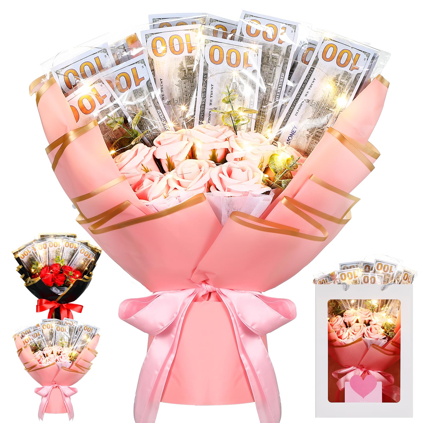 Birthday Gift Money Flower Bouquet Cash Rose Artificial Bouquet Money Bouquet Kit for Cash Gift Pink Money Bouquet Flowers with Bag LED Light String Card for Birthday Party Anniversary  Weddig Gift for Women Girlfriend  (money not included)