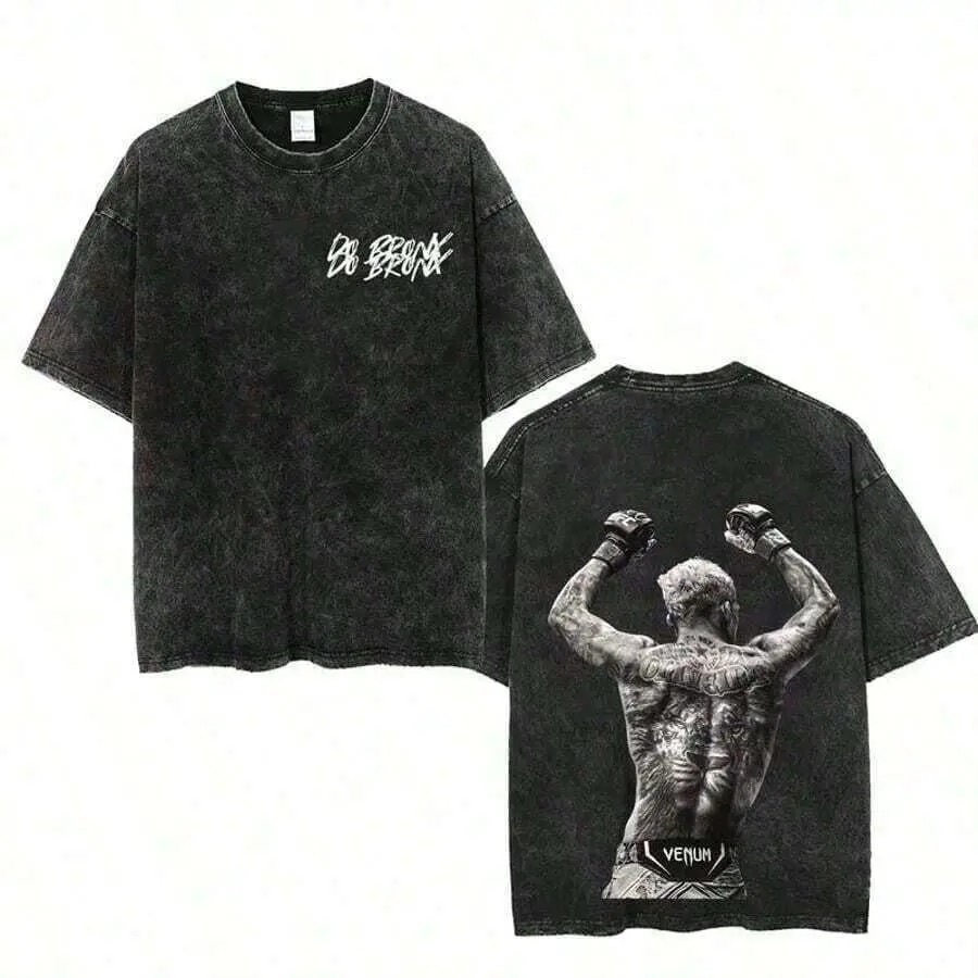Unisex Casual Outdoor Crew Neck T-Shirt Vintage Washed Dark Tone Front Graffiti Font Back Raised Fist UFC Fighter Print Short Sleeve Tee Men Women Loose Oversized Daily Errands Fight Sports Cotton Street Tee