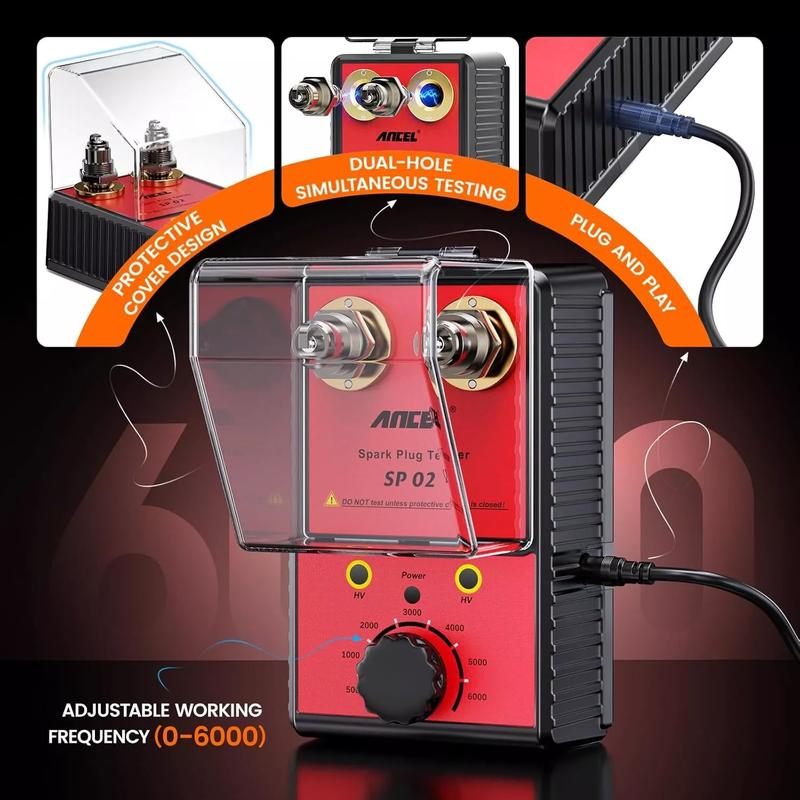 ANCEL SP02 Spark Plug Tester, Double Hole Testing 110V-240V 12V Car Spark Plug Detector with Protective Cover, 0–6000 RPM Adjustable Working Frequency, Automotive  Ignition Analyzer Diagnostic Tool