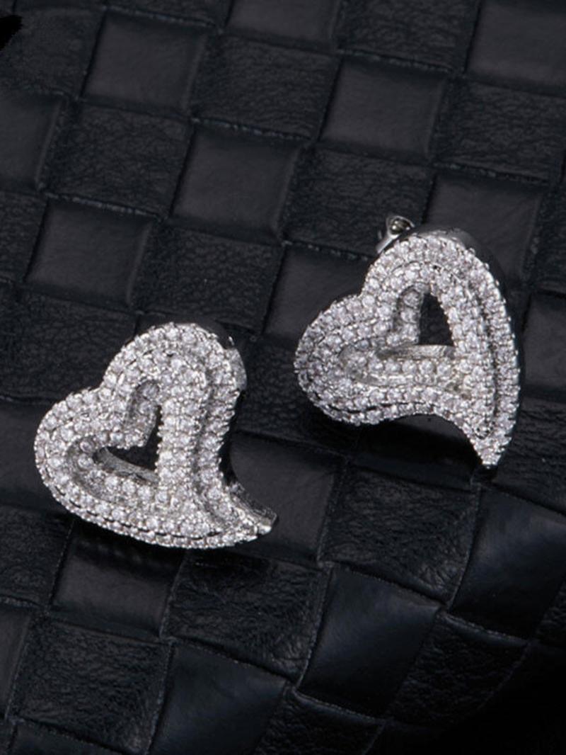 1 pair Silver - Tone Copper Twisted Heart Shaped Earrings: Pave - Set CZ, Cubic Zirconia, Chic Asymmetric Design for Daily Glam & Date Nights