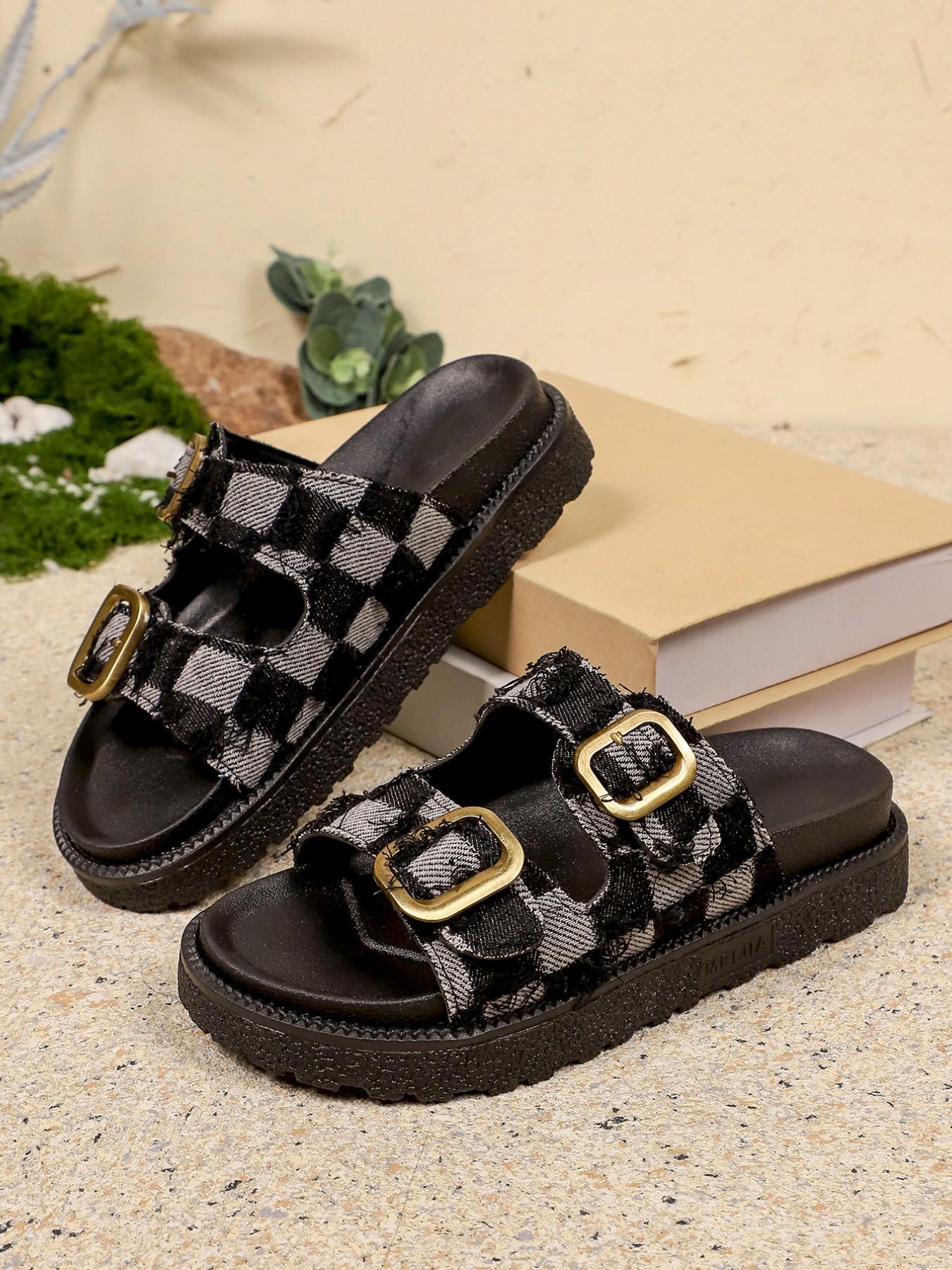 Women's Vintage Frayed Edge Checkered Sandals, Dual Strap Buckle Thick Sole Slip-On Shoes, Summer Casual Beach Daily Wear