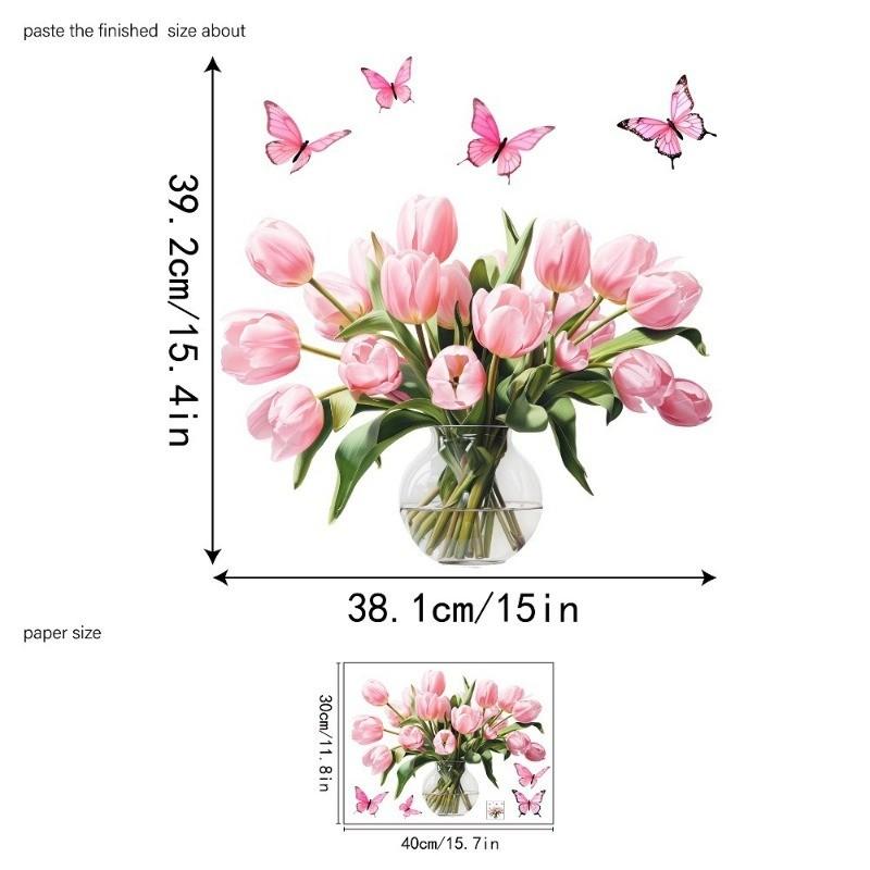 1 pc tulip butterfly window sticker, gentle and fresh rural style, pink tulip+butterfly+hydroponic potted elements, reusable PVC electrostatic sticker, suitable for home decoration and beautification