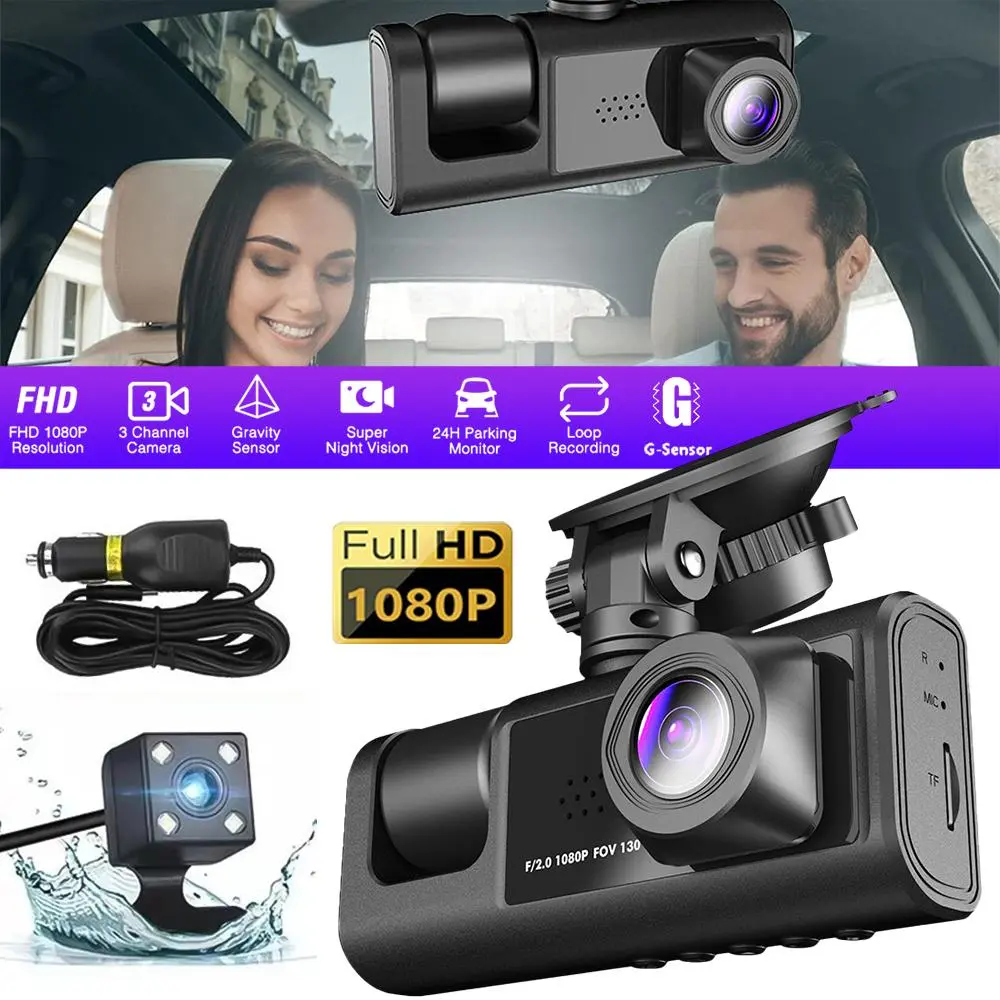 1080P 3-Channel Dash Cam, 170° Wide Angle Front & 140° Cabin, F1.8 Night Vision Rear Camera, 24H Parking Monitor & G-Sensor, Loop Recording Dual Lens Car DVR with 2" Screen for Cars, Taxis, Trucks
