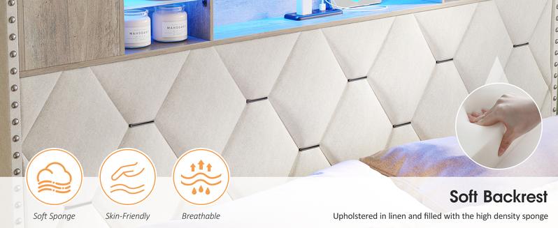 Vabches Queen Bed Frame with Storage Headboard and 3 Drawers, Upholstered Platform Bed Frame with LED Lights and Charging Station, 3-Tier Shelves, Rivet Trim, No Box Spring Needed, Noise Free