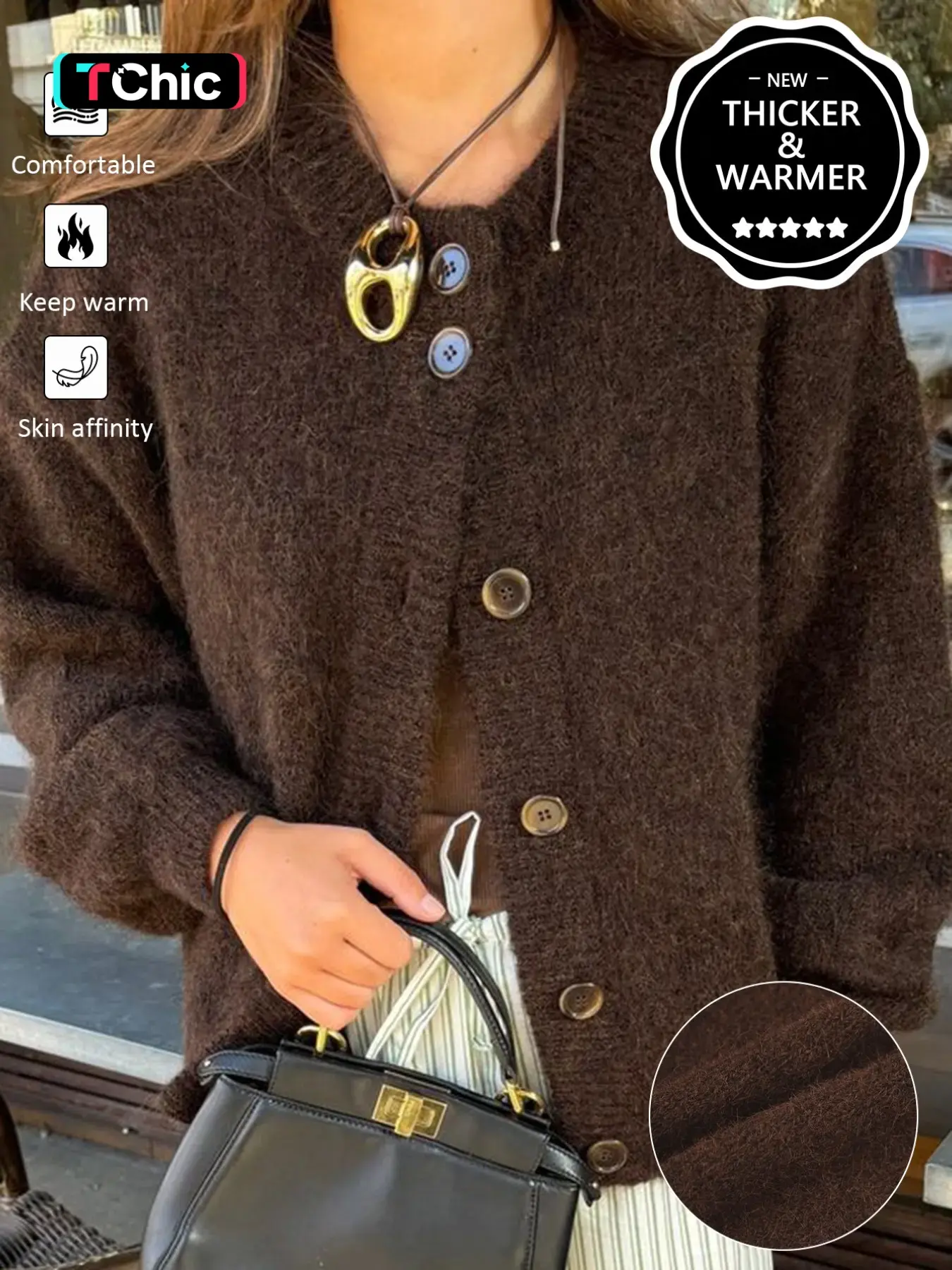 Autumn Winter New Retro Round Neck Solid Color Short Knitted Cardigan, Loose Long Sleeve Button Front Sweater Coat, Casual Daily Wear Women's Top