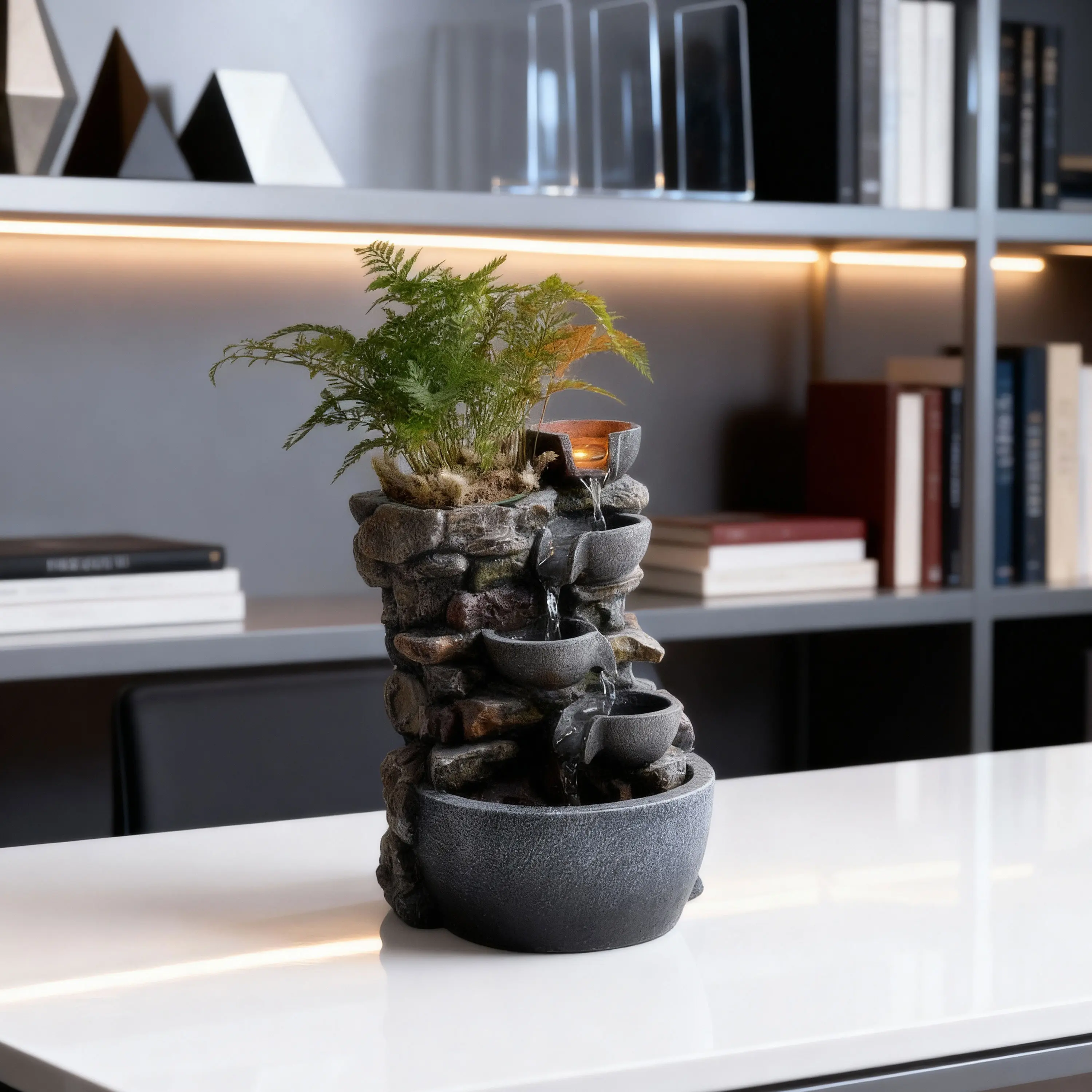 4-Tier Resin Tabletop Waterfall Fountain with LED Light & Plant Planter, Soothing Water Sounds Zen Decor for Home Office, Housewarming Gift, Plants Not Included