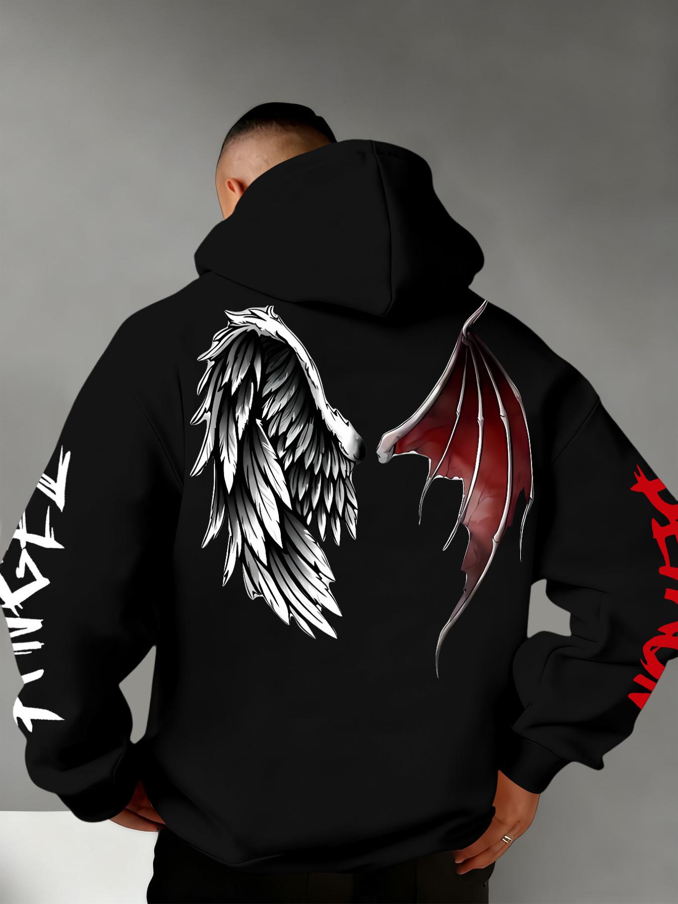 Men's Fall Winter Demon Angel Wing Print Hoodie, Drawstring Hood +