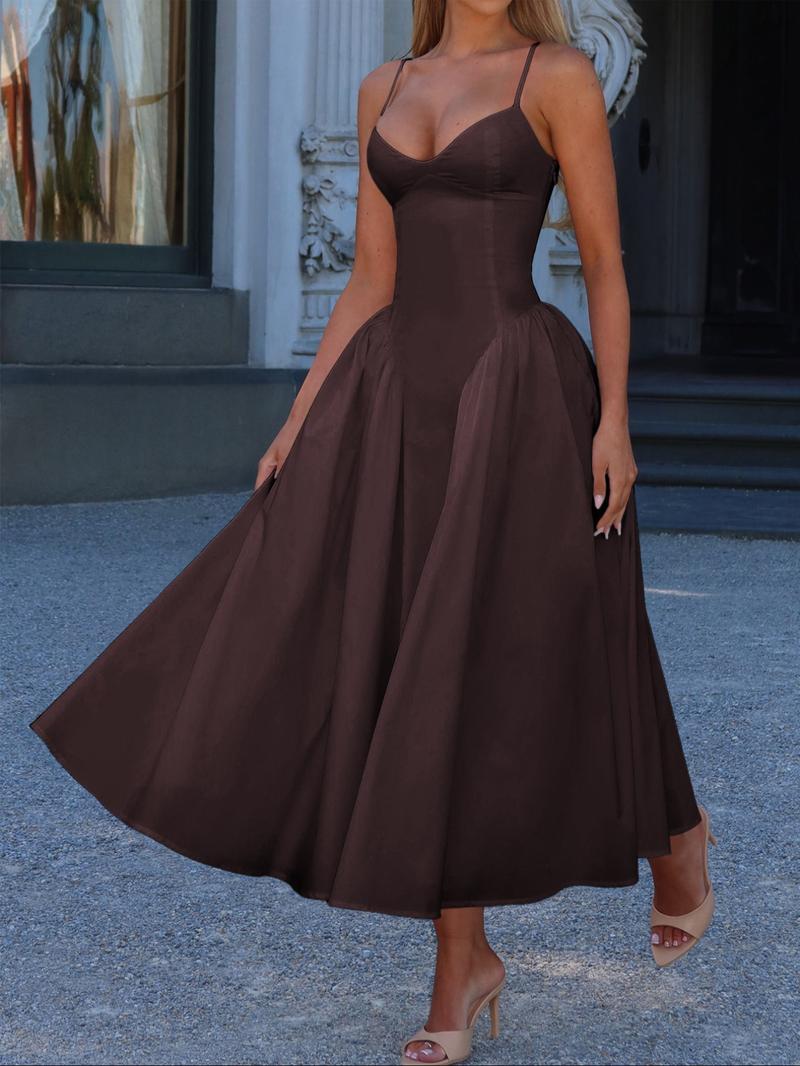 Pure Color Elegant Sleeveless Long Dress, Waist Cinched Design, Fitted Style, Plain Pattern, Perfect for Various Occasions