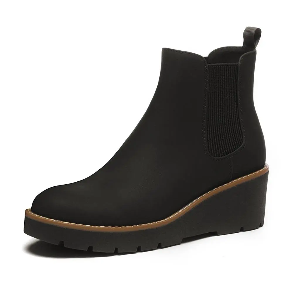 【Black Friday】Athlefit Women's Chelsea Wedge Ankle Booties - 2-Inch Elastic Platform Lug Sole, Slip-On, Casual, Comfortable Heels, Heel Loop for Assisted Entry, PU Winter Footwear,black friday deals 2026,  cyber monday deals, black friday under $50