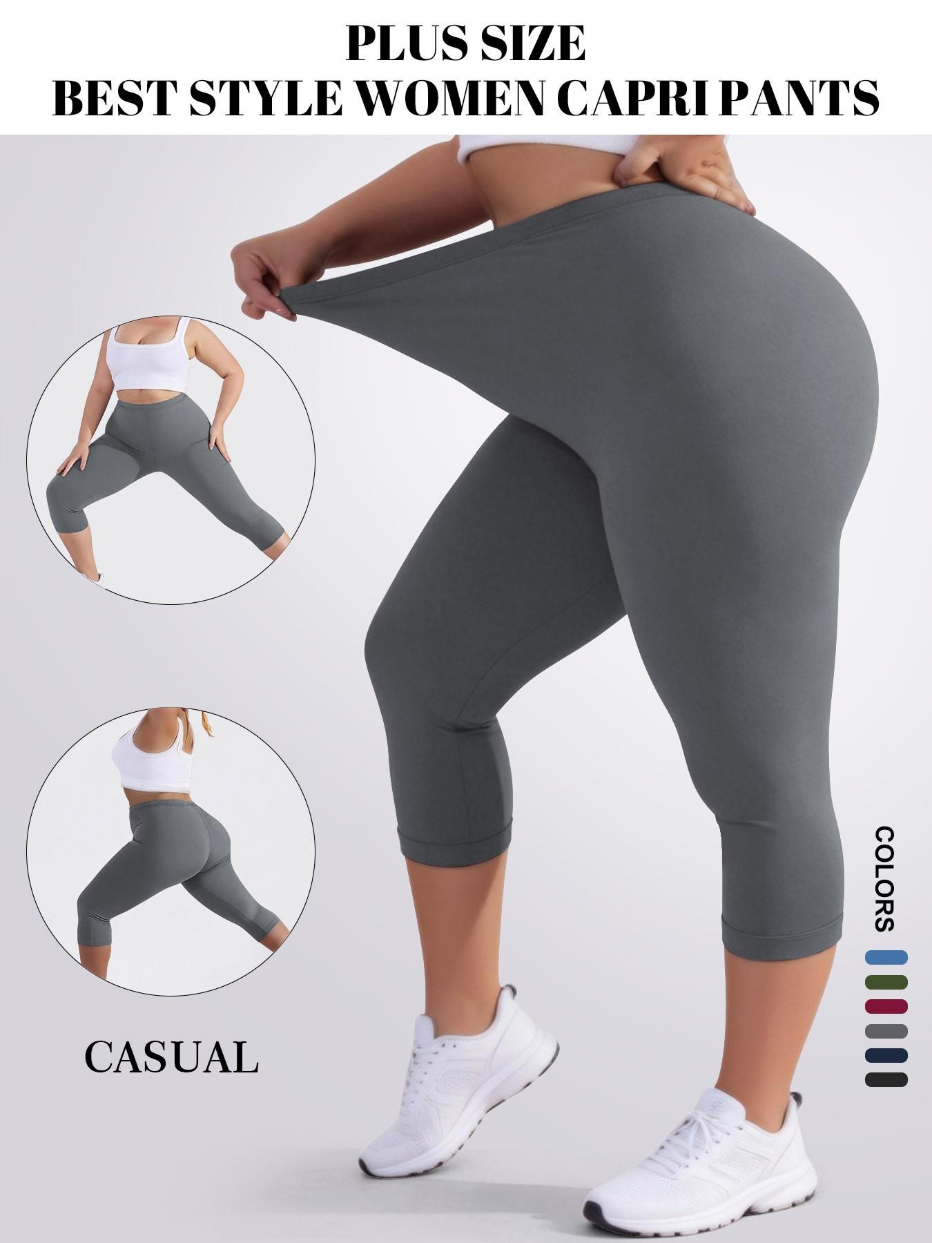 Plus Size Women's High Elasticity Capri Pants, Soft Comfortable Fabric, Non-Transparent Yoga Leggings for Leisurewear, Multiple Color Options, Elastic Waist Leggings