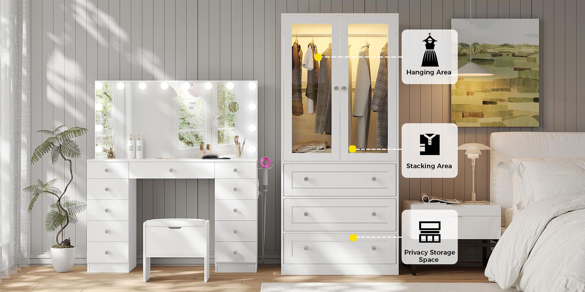 VOWNER Modern Glass Door Wardrobe with 3 Drawers – Sensor & Steady Lighting Modes, Adjustable Brightness, and Aluminum Alloy Hanging Rod