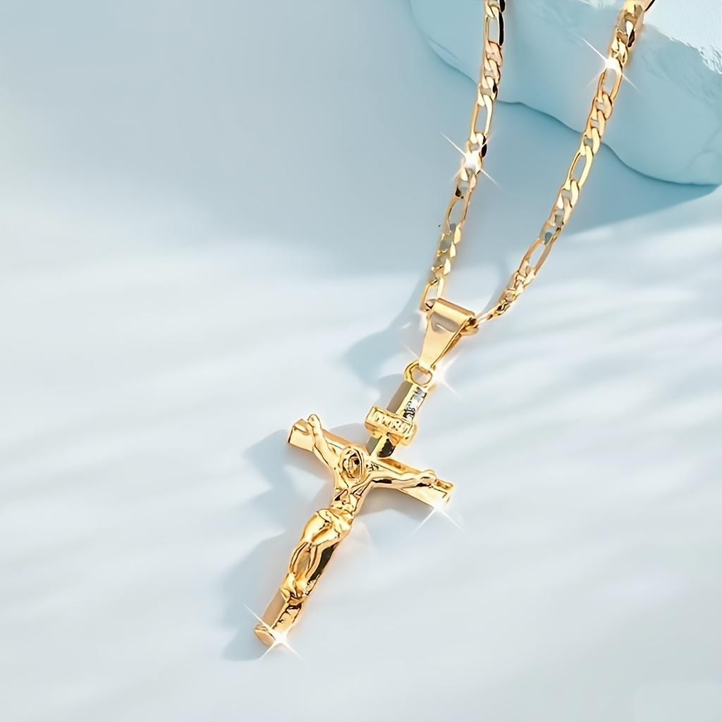 Men's Vintage 14K Gold-plated Jesus Cross Pendant Necklace With Smooth Chain Religious Jewelry For All Year Round Easter Graduation Gift