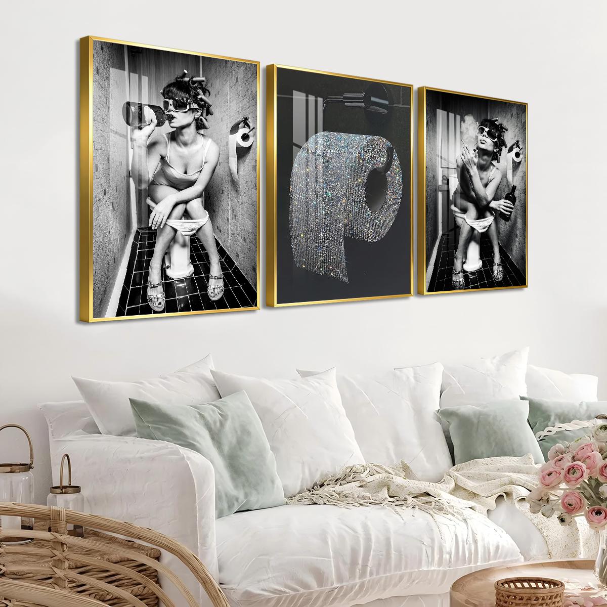 3 Counts Aluminum Alloy Framed Painting, Funny Woman Bathroom Drinking And Smoking Poster, Home Decoration For Living Room, Bedroom, Office, Restaurant, Hallway Wall Decor, Odorless Print Artwork, Luxury Perfect Gift For Friends And Family