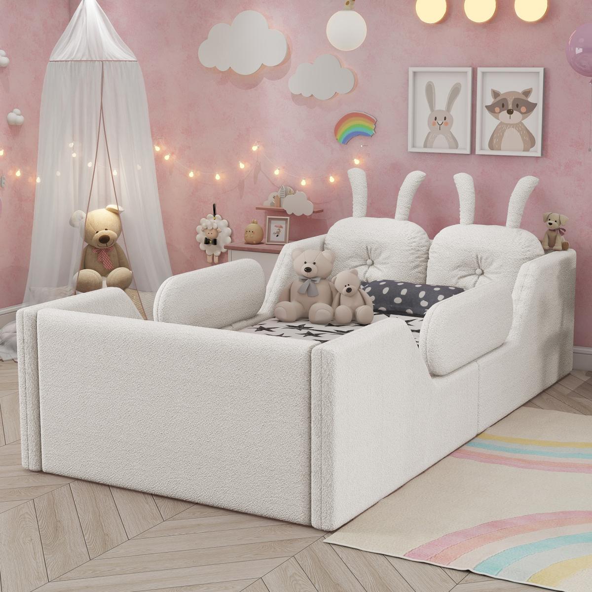 Twin Size Upholstered Floor Bed with 21-Inch Guardrails, Detachable Side Rails & Rabbit-Shaped Cushions, Teddy Fabric Foam Padding, No Box Spring Needed, Fits 8-Inch Mattress Twin Size Upholstered Floor Bed with 21-Inch Guardrails, Detachable Side Rails & Rabbit-Shaped Cushions, Teddy Fabric Foam Padding, No Box Spring Needed, Fits 8-Inch Mattress