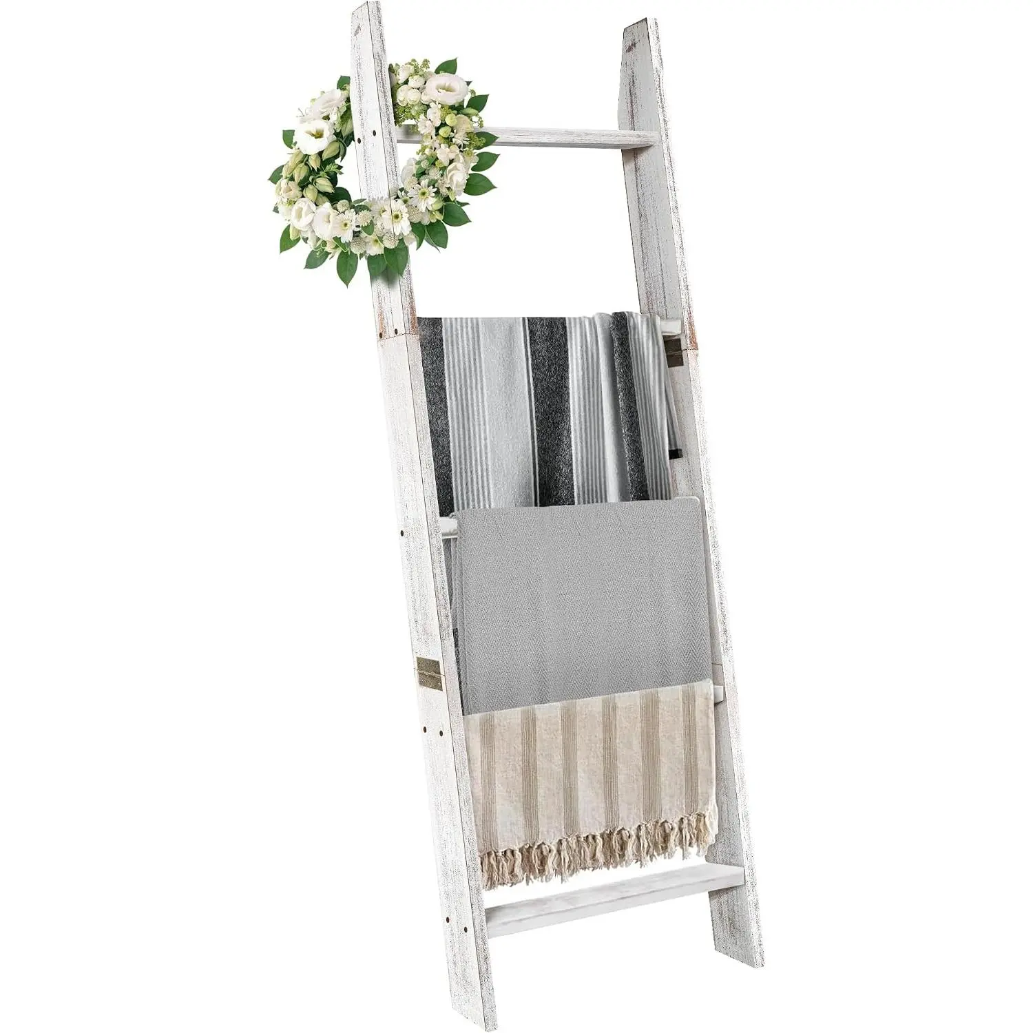 Blanket Ladders for the Living Room, 5-Tier Blanket Holder, Wall-Leaning Blanket Rack, Ladder Shelves, Wooden Quilt Ladder,  Decor, White