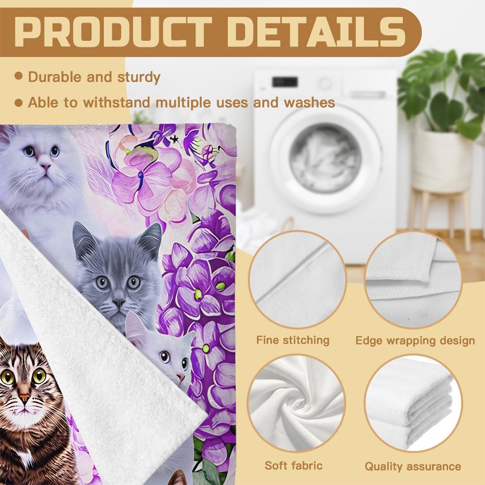 Purple Flower Cats Print Oversized Beach Towel, Soft Microfiber Bath Towel, Sand Free Large Beach Blanket for Summer Vacation, Family Travel Camping Cat Lover Accessory
